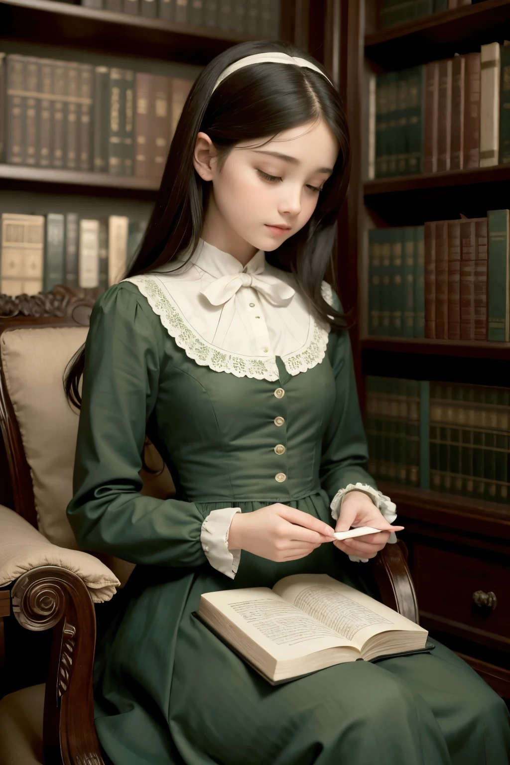 1800's girl reading, green dress, library background, beautiful picture