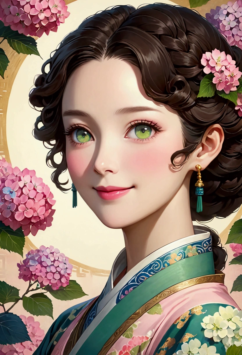 masterpiece, better, evening, full moon, 1 female, mature woman, Chinese style, Ancient China, older sister, Royal Sister, smile, Dark brown hair, dark hair, princess cut, braid, Curly hair, double ball head, pale pink lips, calm, intellectual, medium hair, green pupils, Fork, hydrangea, delicate face, Closeup of face, closeup of hand