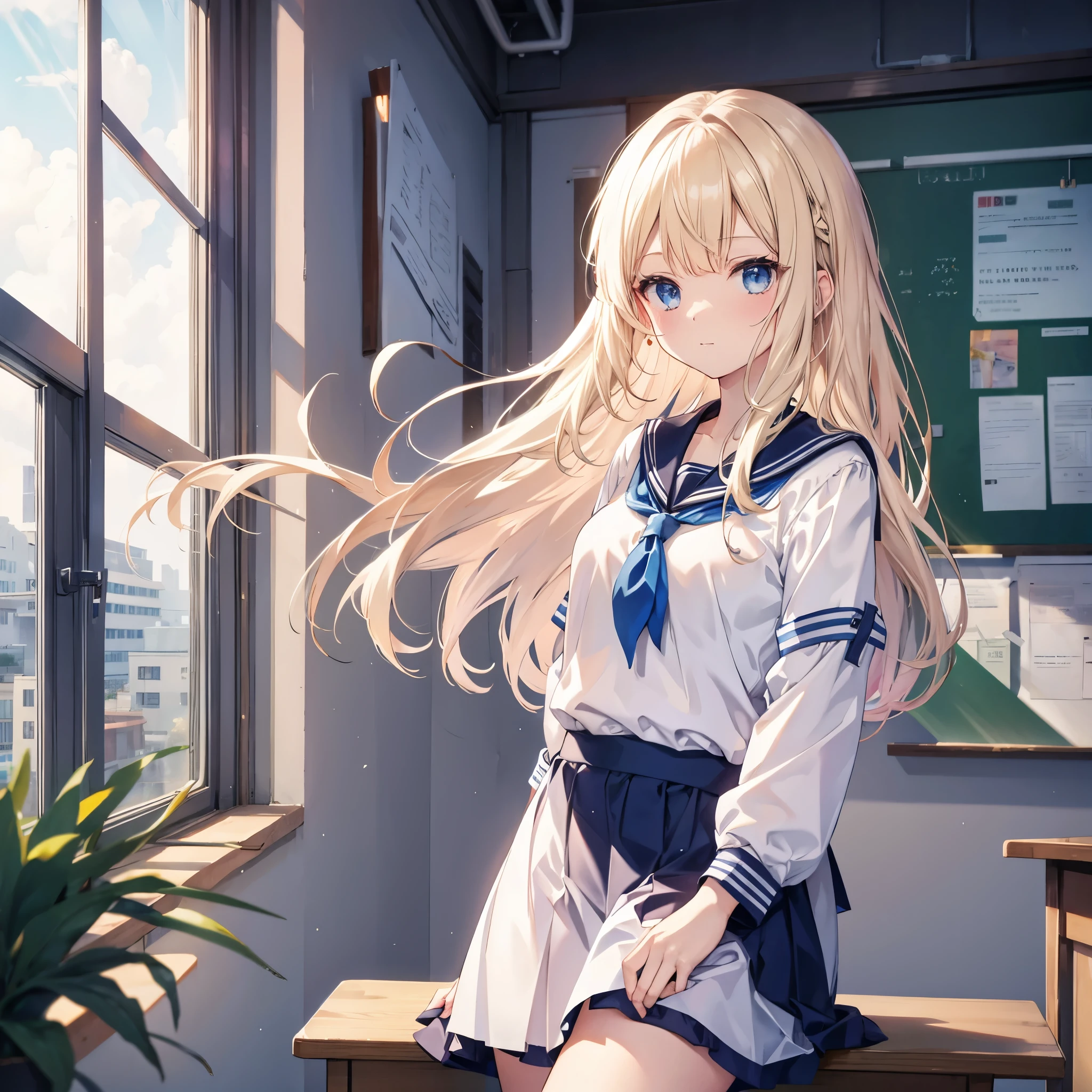 One woman((student,avert your eyes)) background,(classroom,Light shines in) Sailor suit,Letter woman,(Beige Hair,Long hair Blue eyes,Super Shine),Front Anime style,Overall view First person Low angle