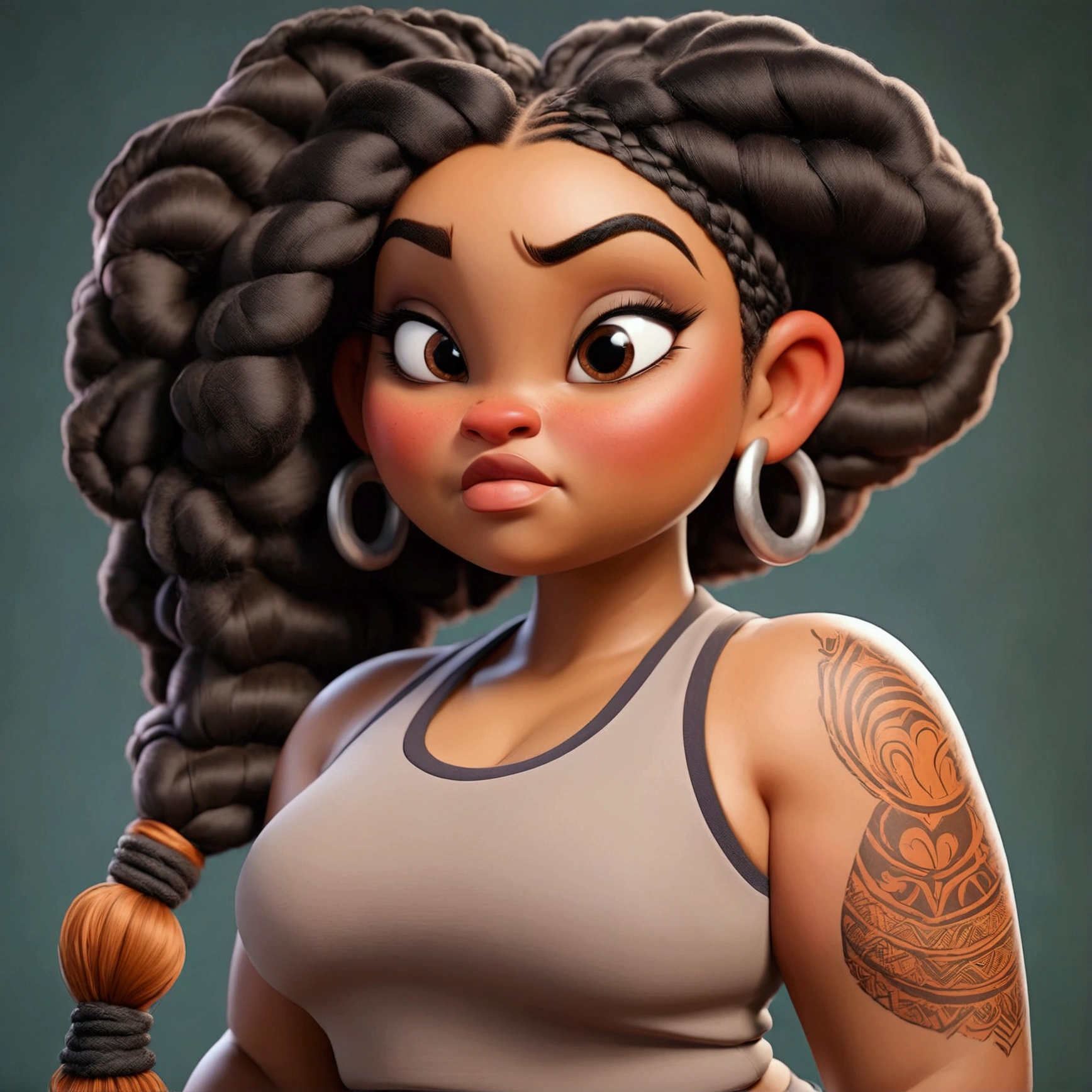 Plus size but thinner Light skin women with braids, wear yoga pants and tank top
