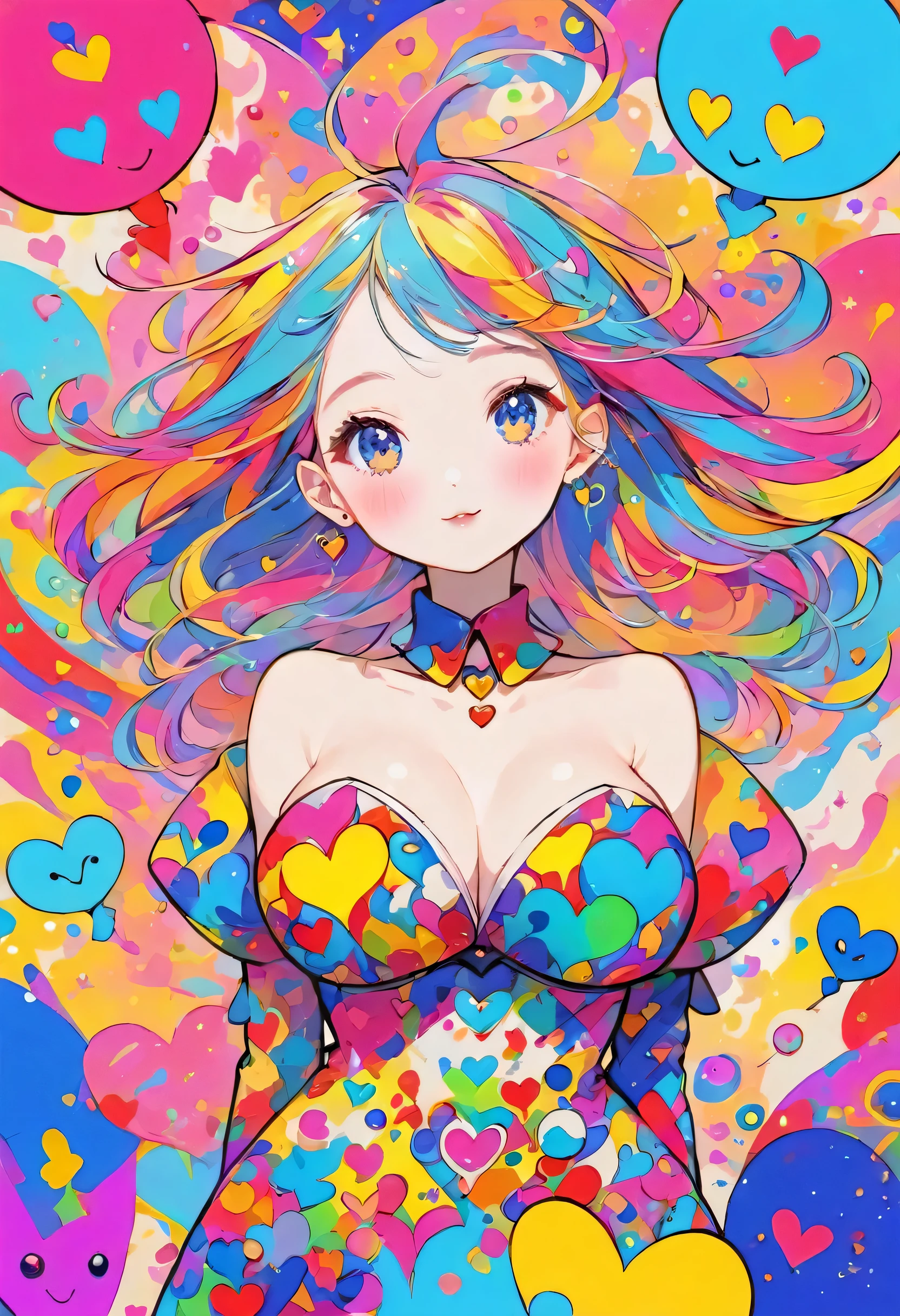 Mika Pikazo colorfull style, Simple Line Initialism,Abstract art,(((The most beautiful girl of all time))), Sweet face. colorful hearts, funny design, (((bosom buddy ))), (((Cute Aliens))), The background is space