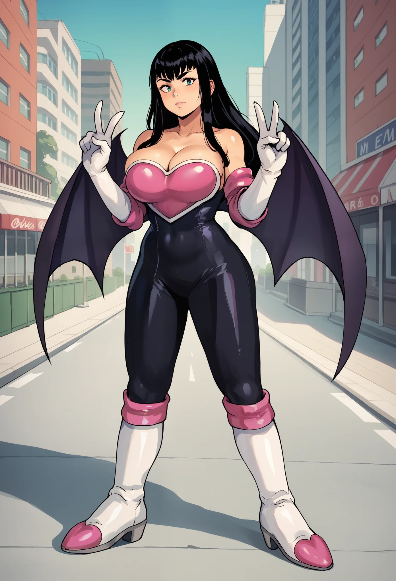 score_9, score_8_up, score_7_up, score_6_up, source_anime, rougecosplay, 1girl, solo, bodysuit, elbow gloves, knee boots, bare shoulders, white gloves, bat wings,  large breasts, black bodysuit,  kiryuin_satsuki, black hair, outside, standing, city, double v, shy expression, cleavage, 