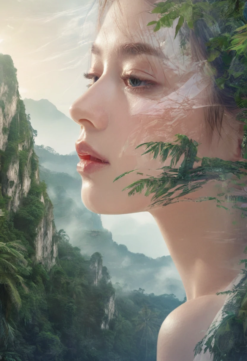 Dubrec style, Girl transparent Side View face close-up Beautiful , close-up of face Jungle Mountains image foreground (multiple exposure：1.8，Complex illustrations in surrealist art style Surreal dreams, a closeup detailed side view transparent portrait of a woman with beautiful eyes, should be side view, detailed lips, and long eyelashes, surrounded by lush jungle mountains in the foreground, multiple exposure effect, complex surrealist style illustration, surreal dreamlike atmosphere, cinematic lighting, highly detailed, hyper realistic, 8k, masterpiece, Dubrec style Girl transparent face close-up Beautiful close-up of face Jungle Mountains image foreground (multiple exposure：1.8），Complex illustrations in surrealist art style Surreal dreams