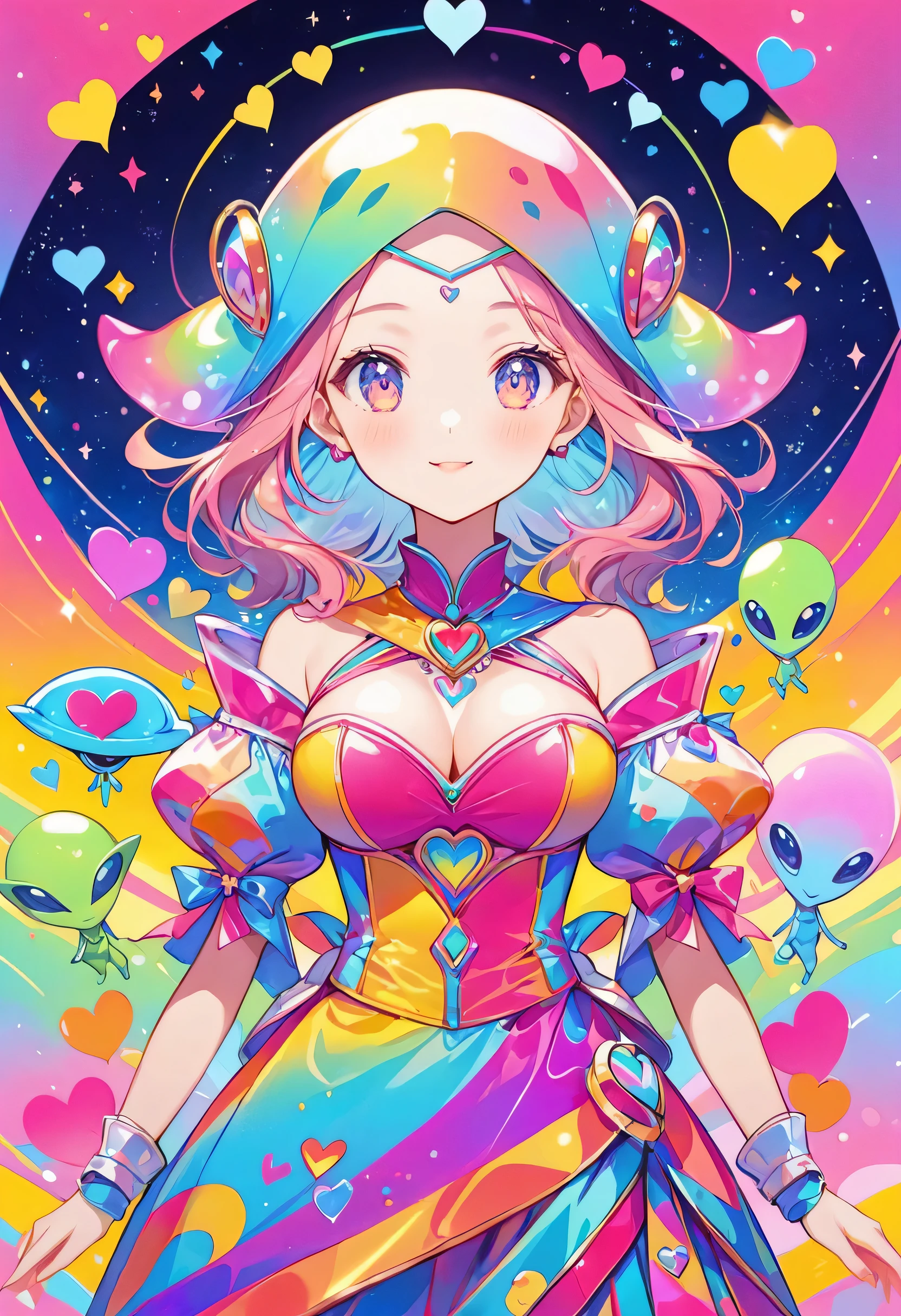 Seizo Watase colorfull style, Simple Line Initialism，Abstract art，(((The most beautiful girl of all time))), Sweet face. colorful hearts, funny design, (((bosom buddy ))), (((Cute Aliens))), The background is space