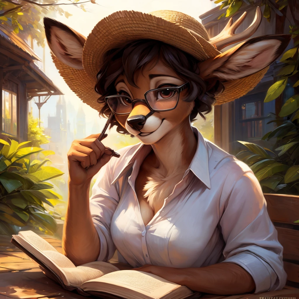 uploaded on e621, by Pixelsketcher, by Bayard Wu, by Thomas Benjamin Kennington , by Einshelm, by hioshiru and kenket, Chunie, portrait, solo anthro female deer doe, tiny featureless breasts, tiny breasts, clear dark blue, cinematic lighting, day, sunny day, sitting outside at a café, café background, french background, old french background, shiny, short curly dark brown hair, short hair, wears big black nerd glasses, very very beautiful furry art, furry art, thoughtful, shiny, feminine, cute face, muzzle, fluffy chest, flawless face, Fallow deer, 1girl, Sakimichan is beautiful, Masterpiece, Wavethesallow Face, shiny, Detailed image, portrait, Detailed image, portrait, wears pure white wide, big blouse, wears beige summer straw hat, shiny, realistic face, perfect anatomy, hourglass body, anthropomorphic deer, happy, very happy, small ears, huge black nerd glasses, wide happy eyes, look at viewer, smiles, big smile, hourglass body, (furry body:1.1), anthropomorphic deer, reading a book, small fluffy tail, detailed background, (cute anatomy:1.1), looks into the book