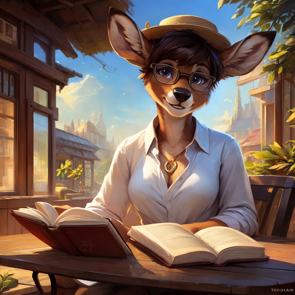 uploaded on e621, by Pixelsketcher, by Bayard Wu, by Thomas Benjamin Kennington , by Einshelm, by hioshiru and kenket, Chunie, portrait, solo anthro female deer doe, tiny featureless breasts, tiny breasts, clear dark blue, cinematic lighting, day, sunny day, sitting outside at a café, café background, french background, old french background, shiny, short curly dark brown hair, short hair, wears big black nerd glasses, very very beautiful furry art, furry art, thoughtful, shiny, feminine, cute face, muzzle, fluffy chest, flawless face, Fallow deer, 1girl, Sakimichan is beautiful, Masterpiece, Wavethesallow Face, shiny, Detailed image, portrait, Detailed image, portrait, wears pure white wide, big blouse, wears beige summer straw hat, shiny, realistic face, perfect anatomy, hourglass body, anthropomorphic deer, happy, very happy, small ears, huge black nerd glasses, wide happy eyes, look at viewer, smiles, big smile, hourglass body, (furry body:1.1), anthropomorphic deer, reading a book, small fluffy tail, detailed background, (cute anatomy:1.1), looks into the book
