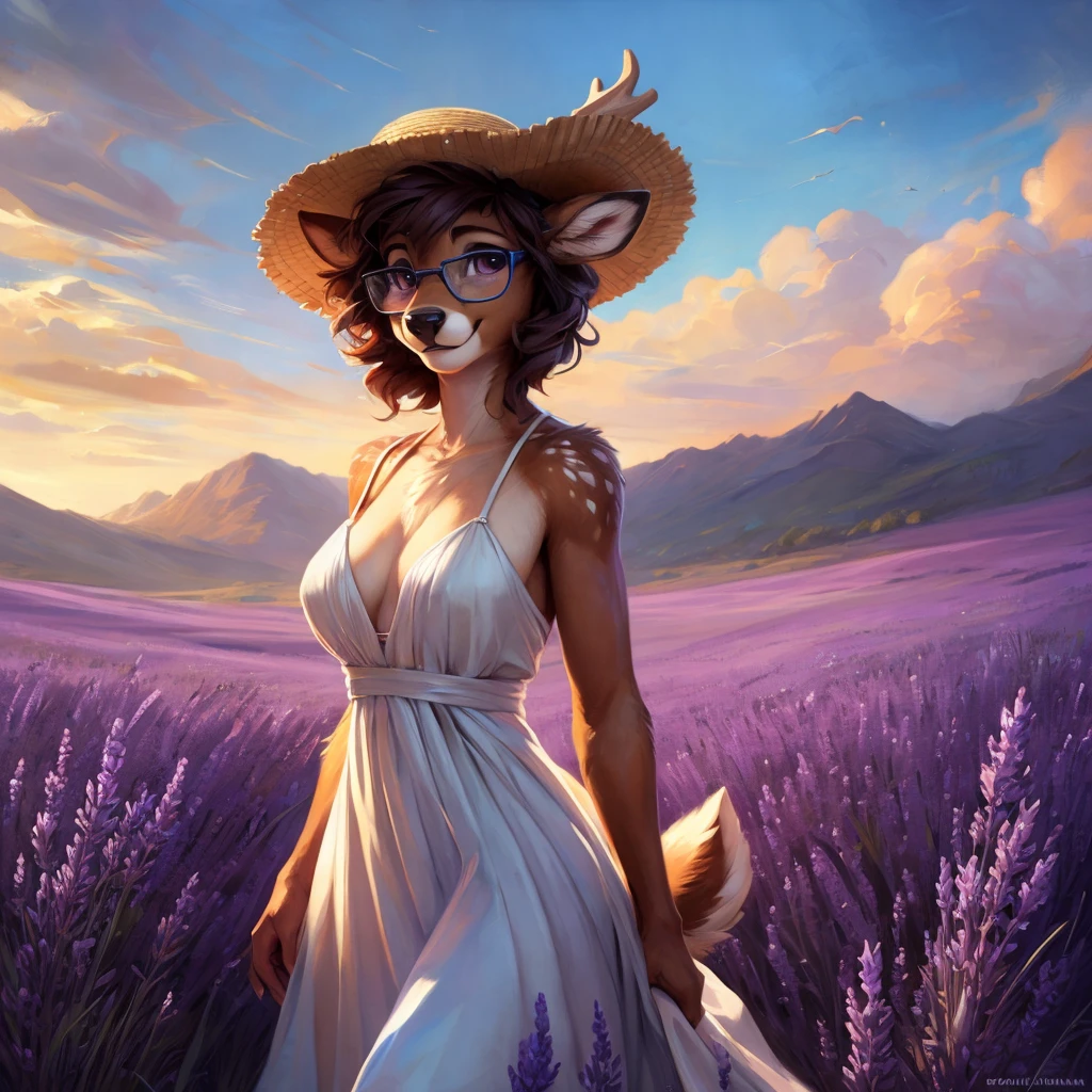 uploaded on e621, artstation, by Pixelsketcher, by Bayard Wu, by Thomas Benjamin Kennington , by Einshelm, by hioshiru and kenket, Chunie, portrait, solo anthro female deer doe, with small featureless breasts, clear dark blue, cinematic lighting, day, sunny day, lavender field, stays in a lavender field, lavender field background, mediterranean background, horizon background, shiny, short curly dark brown hair, wears big black nerd glasses, very very beautiful furry art, furry art, smiling, joyful, shiny, happy, feminine, cute face, muzzle, fluffy chest, flawless face, Fallow deer, 1girl, Sakimichan is beautiful, Masterpiece, Wavethesallow Face, shiny, Detailed image, portrait, Detailed image, portrait, full body, wearing pure white and wide spaghetti straps dress, wearing big and wide beige summer straw hat, shiny, realistic face, perfect anatomy, hourglass body, (furry body:1.1), anthropomorphic deer, looks at the viewer, small fluffy tail, detailed background, (cute anatomy:1.1), walks in a lavender field