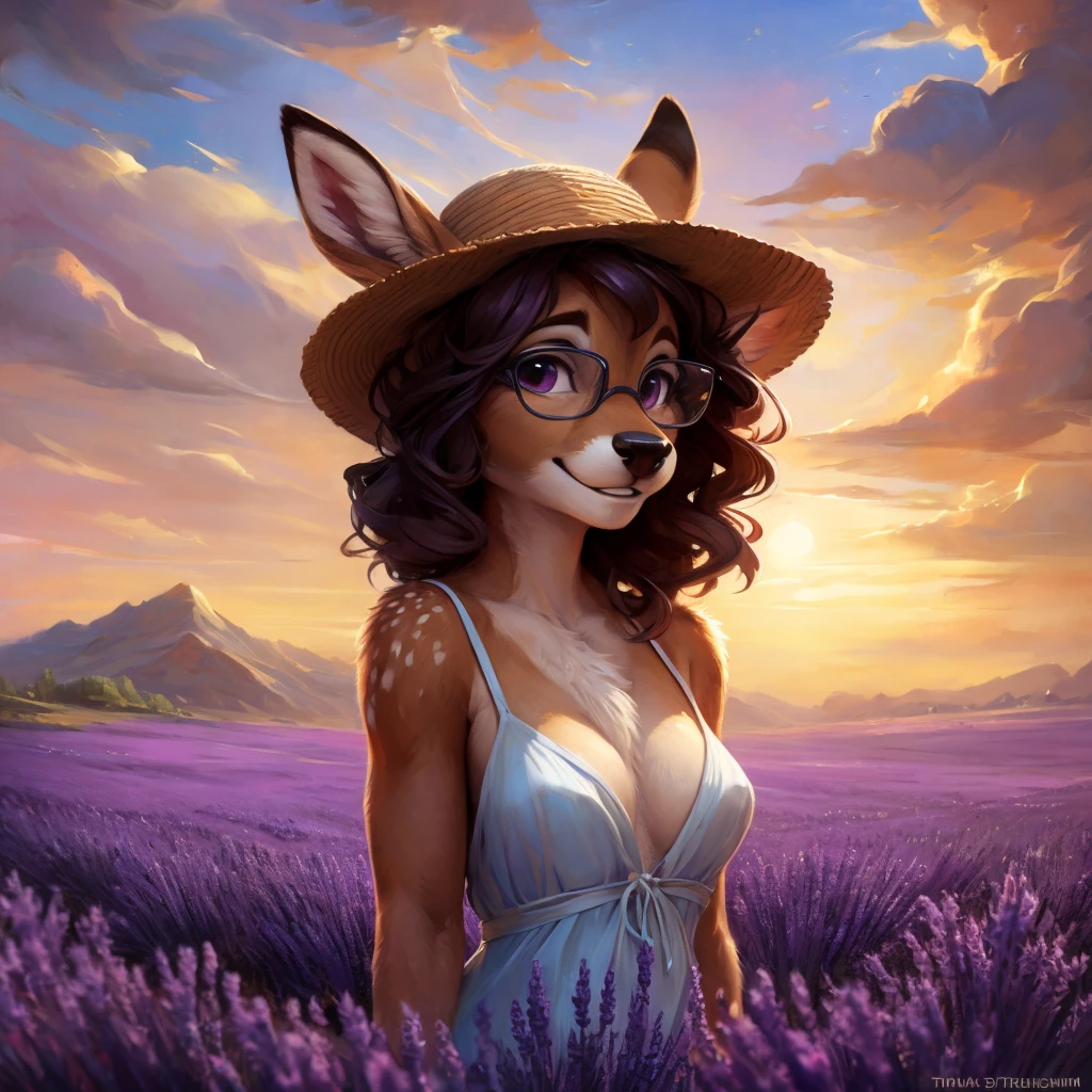 uploaded on e621, artstation, by Pixelsketcher, by Bayard Wu, by Thomas Benjamin Kennington , by Einshelm, by hioshiru and kenket, Chunie, portrait, solo anthro female deer doe, with small featureless breasts, clear dark blue, cinematic lighting, day, sunny day, lavender field, stays in a lavender field, lavender field background, mediterranean background, horizon background, shiny, short curly dark brown hair, wears big black nerd glasses, very very beautiful furry art, furry art, smiling, joyful, shiny, happy, feminine, cute face, muzzle, fluffy chest, flawless face, Fallow deer, 1girl, Sakimichan is beautiful, Masterpiece, Wavethesallow Face, shiny, Detailed image, portrait, Detailed image, portrait, full body, wearing pure white and wide spaghetti straps dress, wearing big and wide beige summer straw hat, shiny, realistic face, perfect anatomy, hourglass body, (furry body:1.1), anthropomorphic deer, looks at the viewer, small fluffy tail, detailed background, (cute anatomy:1.1), walks in a lavender field
