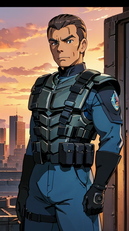 (Jean Claude Van Damme), (extremely detailed CG unit 8k wallpaper),(master part), (best quality), (ultra detali), (best illustration),(starship troopers armor
gloves, armor, shoulder patch, bulletproof vest, military,), cowboy shot, (Sharp eyeliner, ombre, detailed eyes:1),  dark city background ,break , (ghibli style), upper body