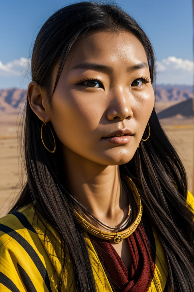 Mongolian woman with high and prominent cheekbones