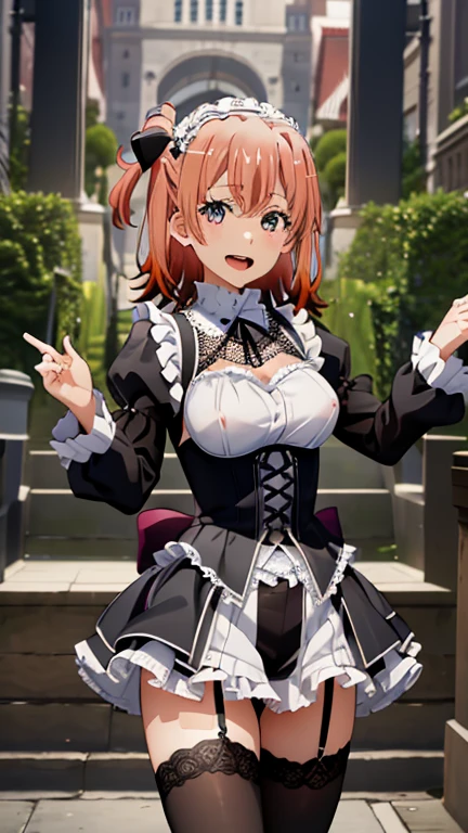 masterpiece, Highest quality, One Girl, View your viewers, Tight waist, RAWphotograph,Bright lighting、Beautiful fingertips、 Ultra-realistic, High resolution, photograph, Sharp focus, Most detailed, Very detailed, Very detailed, In detail, Very detailedな目、Idol、Thighs, beautiful girl,View your viewers,Symmetrical face, whole body、Shaking breasts、Shyness、Happy expression、Spread your legs、Raise your arms、(((Gothic ta、White lace outfit、Frills)))、(((Nipples are visible、I can see the vagina、Sexually excited expression)))