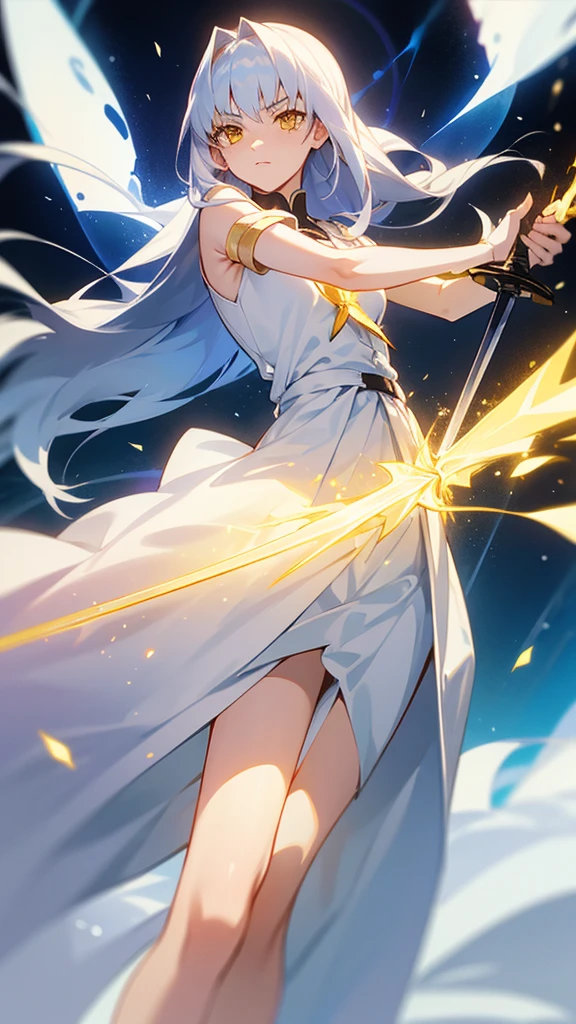 2D character. An 18-year-old female with white long hair and yellow eyes, wearing a plain white dress, holding a sword, emitting light power, and wearing a yellow diamond necklace. ufotable studio 