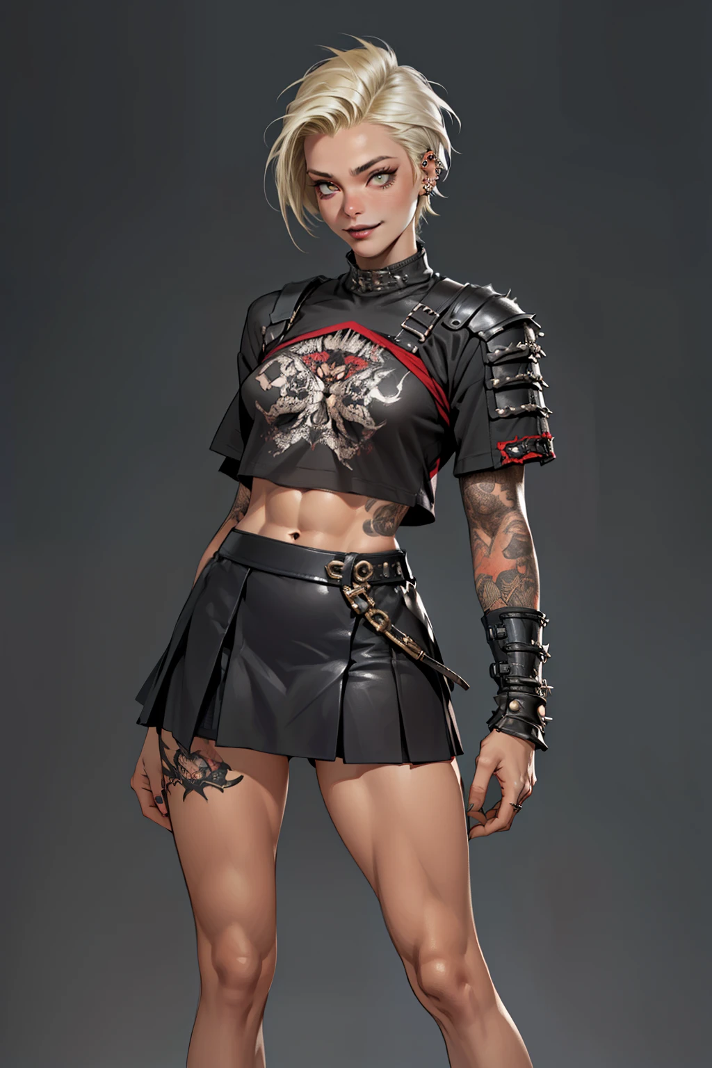 (high resolution, pixel perfect, gorgeous illustrations), (hyper quality, muste piece, etheric: 1.4), ((nsfw)), (cowboy shot), face focus, ((1girl)), (boyish, cheeky girl), (((teenage girl))), (hairy_woman), (((((punk))))), hot Rocker punk girl, ((((skirt lift, open stance)))), cool atmosphere, yellow eyes, white hair, ((((punk_hair, very_short_hair, slicked_back_hair)))), (((piercing))), eyelid_piercing, nose_piercing, (((Exquisite face, sad smile))), ((black_lips)), tattoo, ((((muscular_female)))), (ideal ratio body proportions, slender, small breasts), fighter, (((bitch))), ((wh_chi_armor, skirt)), ((((cameltoe)))), shiny skin, gleaming skin, simple background,