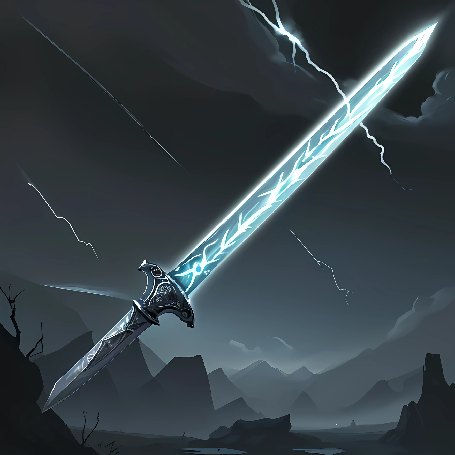 ((Highly detailed 8k wallpapers)). Simple weapons. cartoon-like illustration. fantasy weapon. ((2D illustration)）. only weapon illustration. A sword with a blade that glows like lightning.