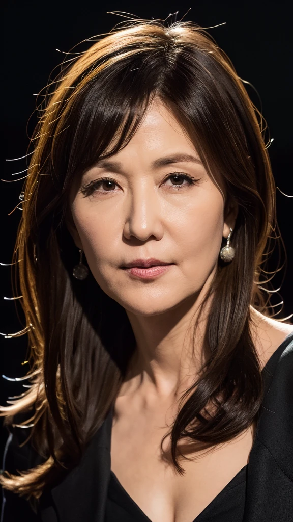 ((Highest quality)), ((8k)), ((masterpiece: 1.3)), (Perfect appearance), (Photorealism: 1.6), (JMA), (TI), (Genuine:1.4), 1 Mature Woman, Perfect Anatomy, close up portrait of face, 70 years old, Medium Long Hair, Small, (Pitch black background:1.2),