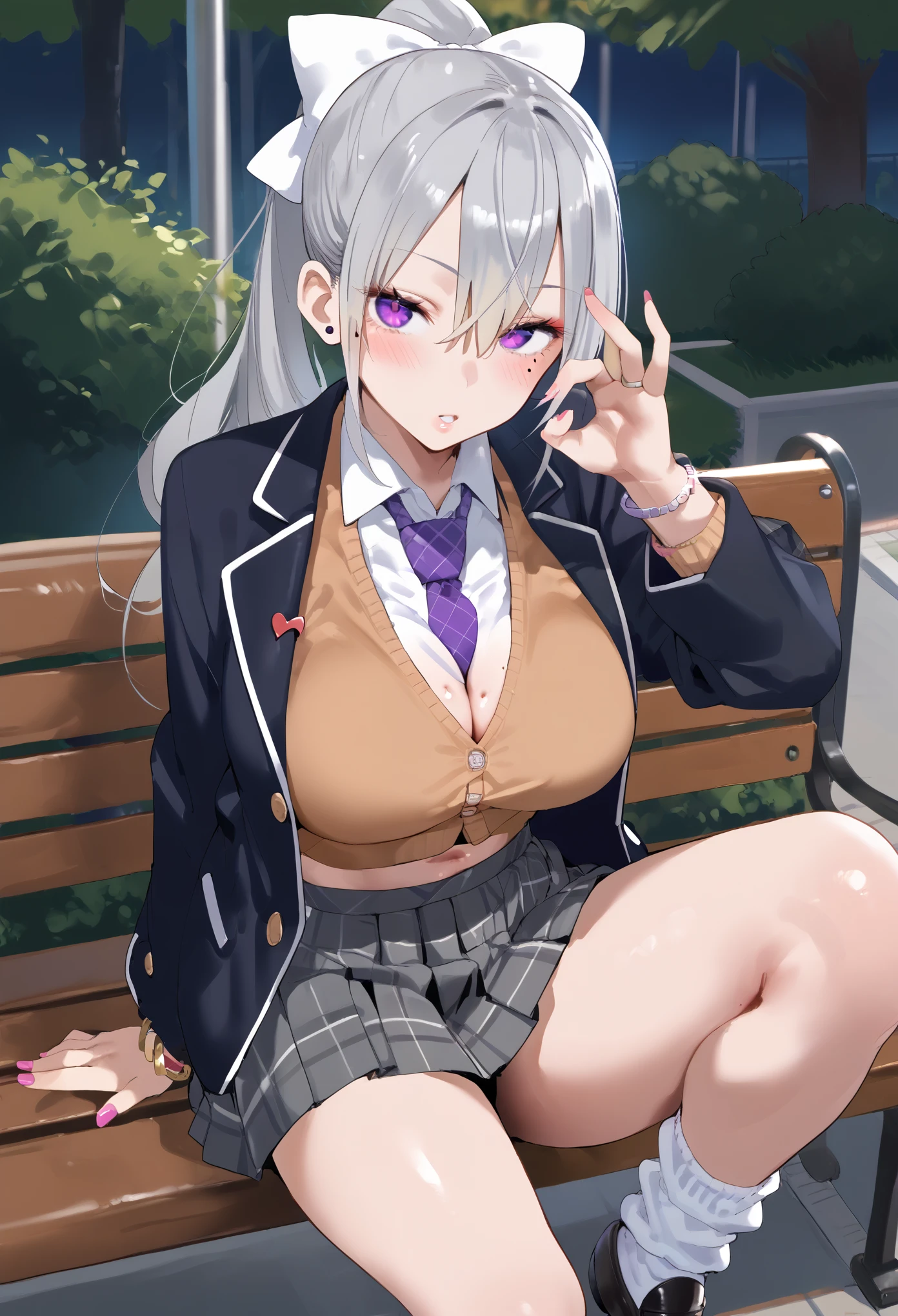 Score_9, score_8_up, score_7_up, score_6_up, source_anime,  hk1, purple eyes, grey hair, hair between eyes, long hair, very long hair, ponytail, mole, mole under eye, (gyaru), (slutty_clothes), sitting on bench, (knee up), cowboy shot, fellatio gesture, heart, 1girl, solo, looking at viewer, blush, parted lips, gyaru,  bow, white bow, shirt, white shirt, necktie, purple necktie, cardigan, brown cardigan, jacket, black jacket, blazer, skirt, grey skirt, plaid skirt, socks, white socks, loafers, black footwear, bracelet, curvy, voluptuous, large breasts, cleavage, midriff, outdoors, park, on bench, day, tree, 