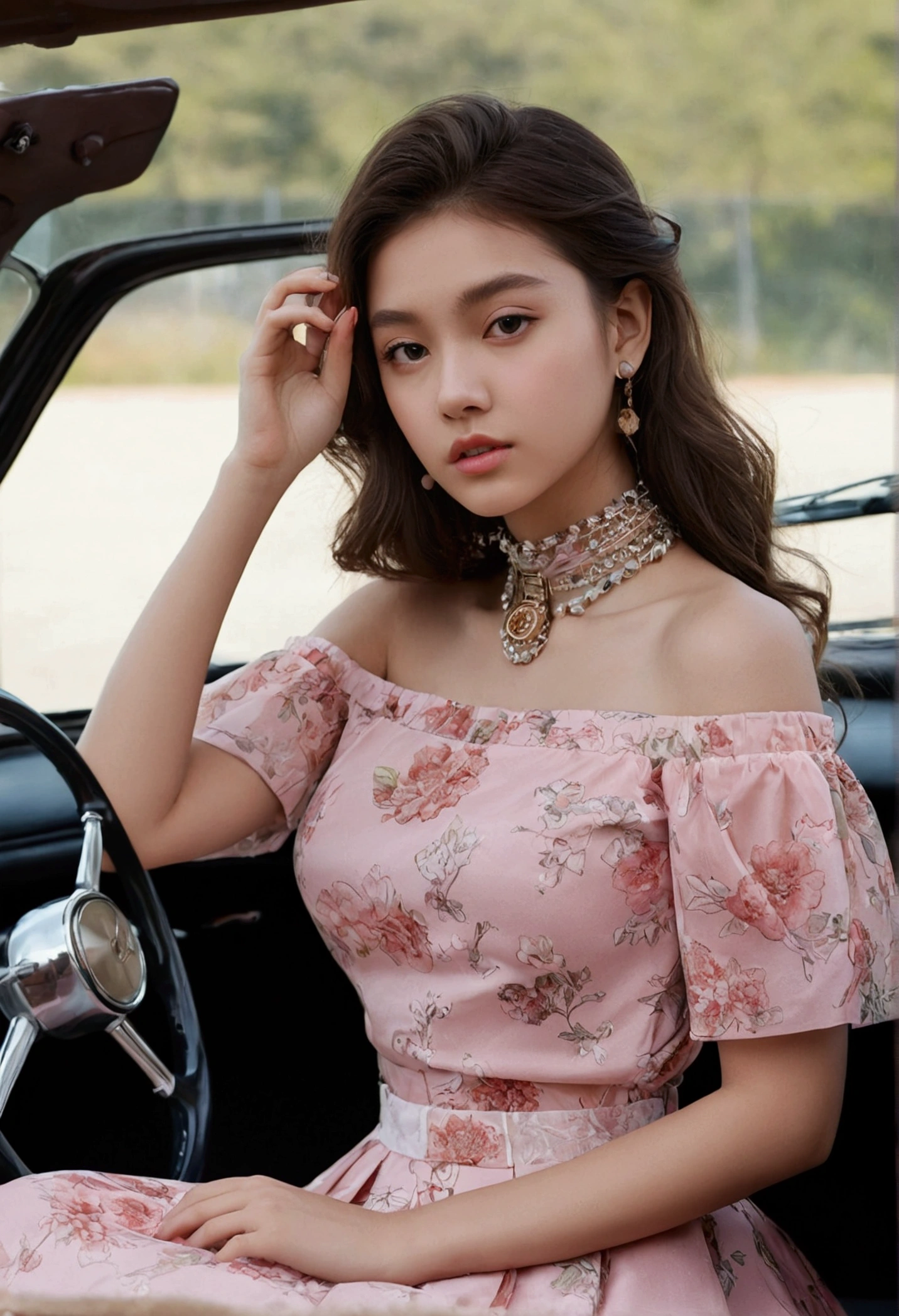 (Best Quality, masterpiece), 1 girl, intricate details, off the shoulder, Skirt, choker, steering wheels, transparent, looking at the viewer, blush, Upper part of the body, blurred background, floral print, contrasted