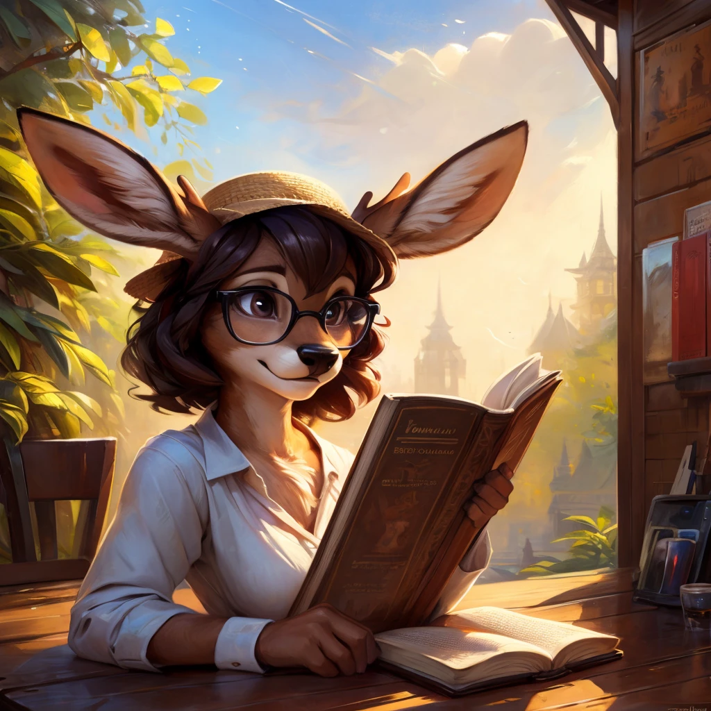 uploaded on e621, by Pixelsketcher, by Bayard Wu, by Thomas Benjamin Kennington , by Einshelm, by hioshiru and kenket, Chunie, portrait, solo anthro female deer doe, tiny featureless breasts, tiny breasts, clear dark blue, cinematic lighting, day, sunny day, sitting outside at a café, café background, french background, old french background, shiny, short curly dark brown hair, short hair, wears big black nerd glasses, very very beautiful furry art, furry art, thoughtful, shiny, feminine, cute face, muzzle, fluffy chest, flawless face, Fallow deer, 1girl, Sakimichan is beautiful, Masterpiece, Wavethesallow Face, shiny, Detailed image, portrait, Detailed image, portrait, wears pure white wide, big blouse, wears beige summer straw hat, shiny, realistic face, perfect anatomy, hourglass body, anthropomorphic deer, happy, very happy, small ears, huge black nerd glasses, wide happy eyes, look at viewer, smiles, big smile, hourglass body, (furry body:1.1), anthropomorphic deer, reading a book, small fluffy tail, detailed background, (cute anatomy:1.1), looks into the book