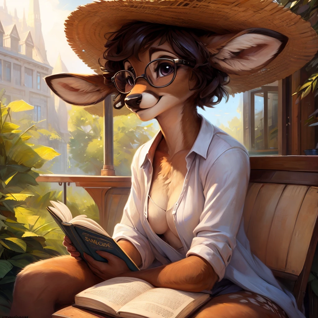 uploaded on e621, by Pixelsketcher, by Bayard Wu, by Thomas Benjamin Kennington , by Einshelm, by hioshiru and kenket, Chunie, portrait, solo anthro female deer doe, tiny featureless breasts, tiny breasts, clear dark blue, cinematic lighting, day, sunny day, sitting outside at a café, café background, french background, old french background, shiny, short curly dark brown hair, short hair, wears big black nerd glasses, very very beautiful furry art, furry art, thoughtful, shiny, feminine, cute face, muzzle, fluffy chest, flawless face, Fallow deer, 1girl, Sakimichan is beautiful, Masterpiece, Wavethesallow Face, shiny, Detailed image, portrait, Detailed image, portrait, wears pure white wide, big blouse, wears beige summer straw hat, shiny, realistic face, perfect anatomy, hourglass body, anthropomorphic deer, happy, very happy, small ears, huge black nerd glasses, wide happy eyes, look at viewer, smiles, big smile, hourglass body, (furry body:1.1), anthropomorphic deer, reading a book, small fluffy tail, detailed background, (cute anatomy:1.1), looks into the book
