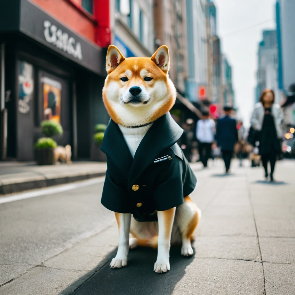 Too stylish clothes: Dress up in the latest fashion、A Shiba Inu walking through the city。Confident々With an attitude of、I find it annoying how he seems so conscious of the gazes of those around him.。