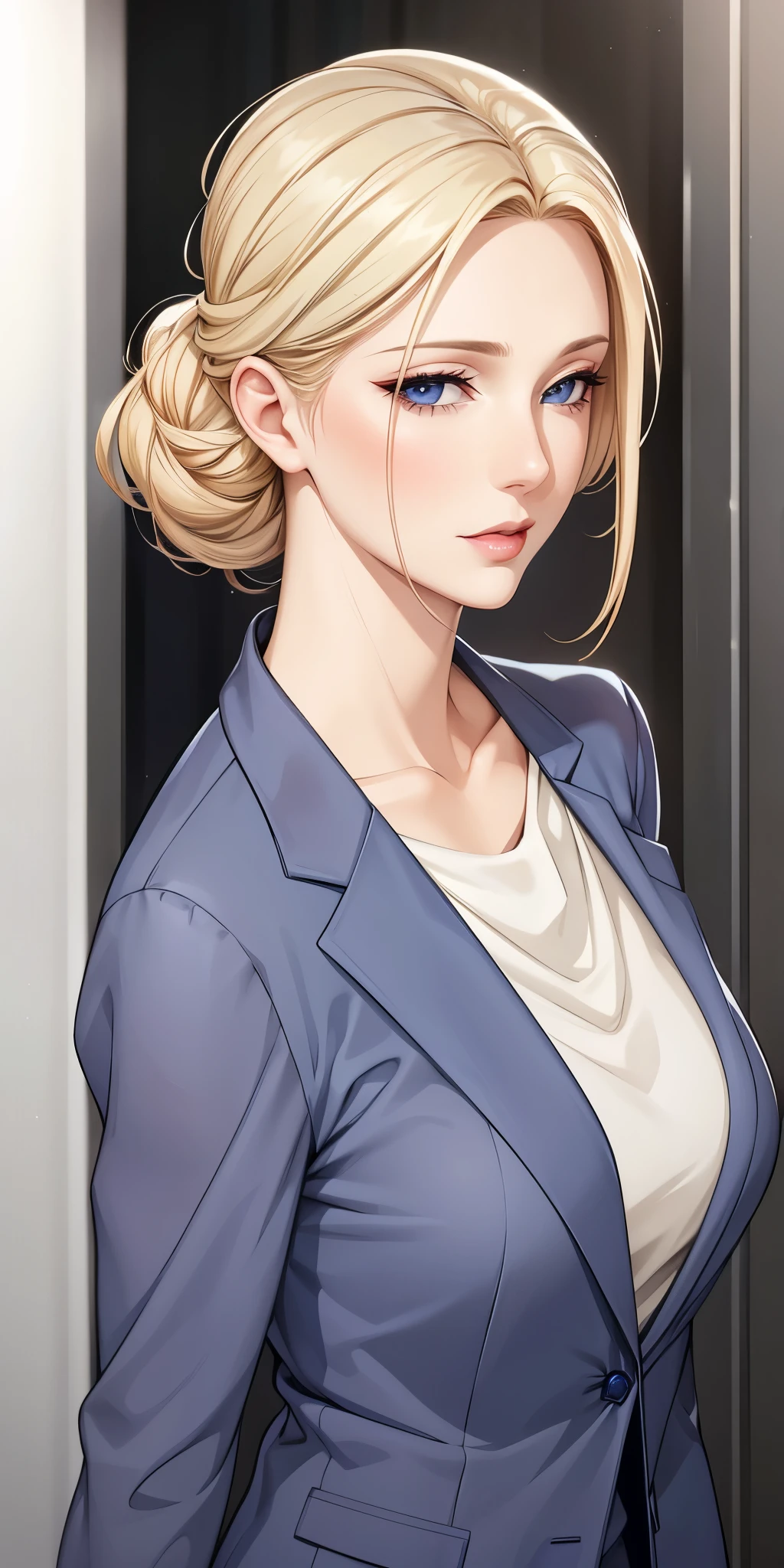 Seductive mature woman, milf, blue eyes, blonde hair, soft light, 4k resolution, high quality, beautiful cg