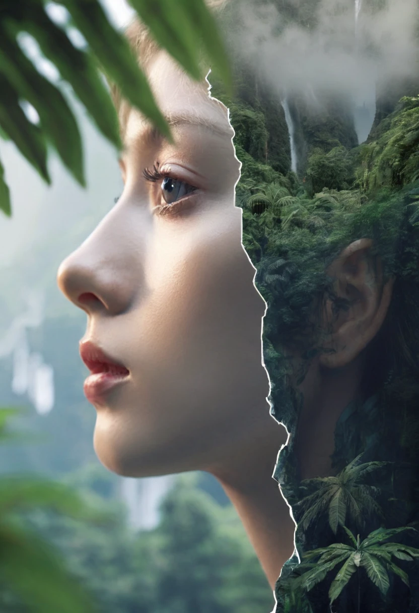 Dubrec style, Girl transparent Side View face close-up Beautiful Teen, close-up of face Jungle Mountains image foreground (multiple exposure1.8，Complex illustrations in surrealist art style Surreal dreams, a closeup detailed side view transparent portrait of a real women with beautiful eyes, should be side view, detailed lips, and long eyelashes, surrounded by lush jungle mountains in the foreground, more detailed jungle mountain and waterfall, multiple exposure effect, complex surrealist style illustration, surreal dreamlike atmosphere, cinematic lighting, highly detailed, hyper realistic, 8k, masterpiece, Dubrec style，Girl transparent face close-up，Beautiful close-up of face，Jungle Mountains image foreground (multiple exposure：1.8），Complex illustrations in surrealist art style，Surreal dreams