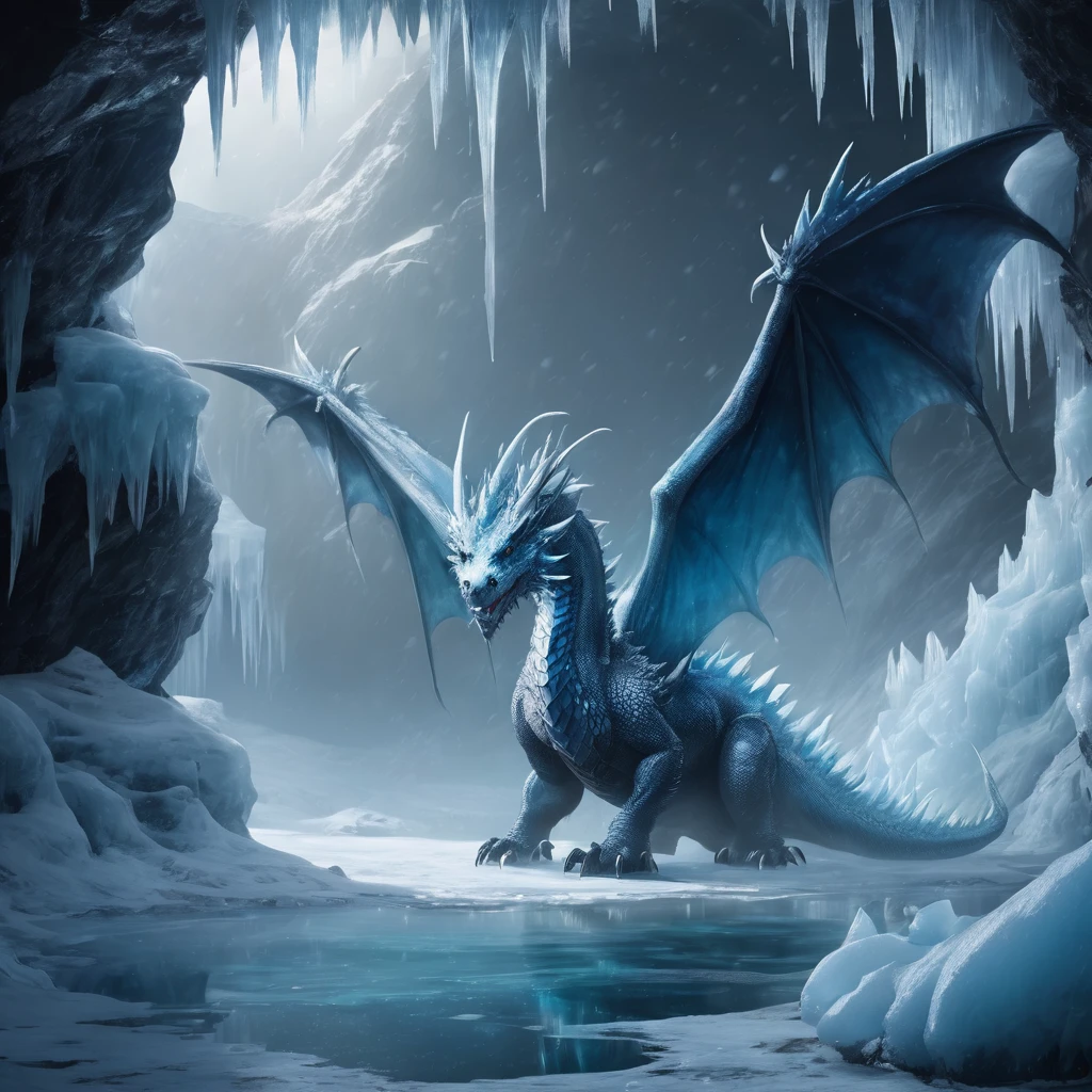  (extreme long shot), BREAK, A frost dragon with 2 wings sleeping in an ice cave, ice pillars in the foreground, BREAK, mystical creature, realistic, ultra detailed, static pose, moonlit through the ice, 