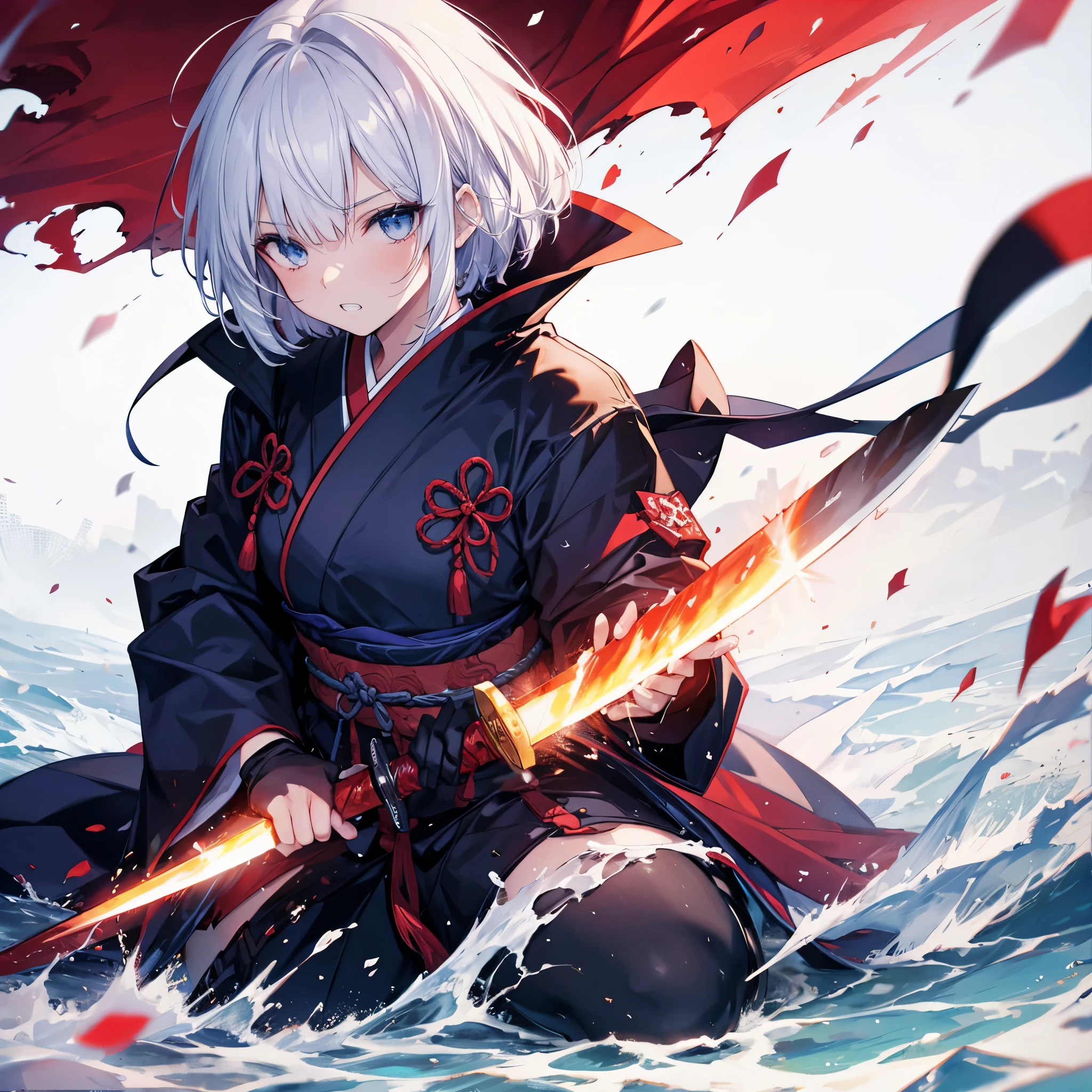 One woman((Grit your teeth,Bloody)) Red burning background,Shining,Knife Women,(White Hair,Short bob blue eyes,Super Shine,Holding a sword),Japanese style kneeling in desperation,Anime The Wind Blows,Flowers fall off,Front Eyepatch,Filmography,samurai ,kimono