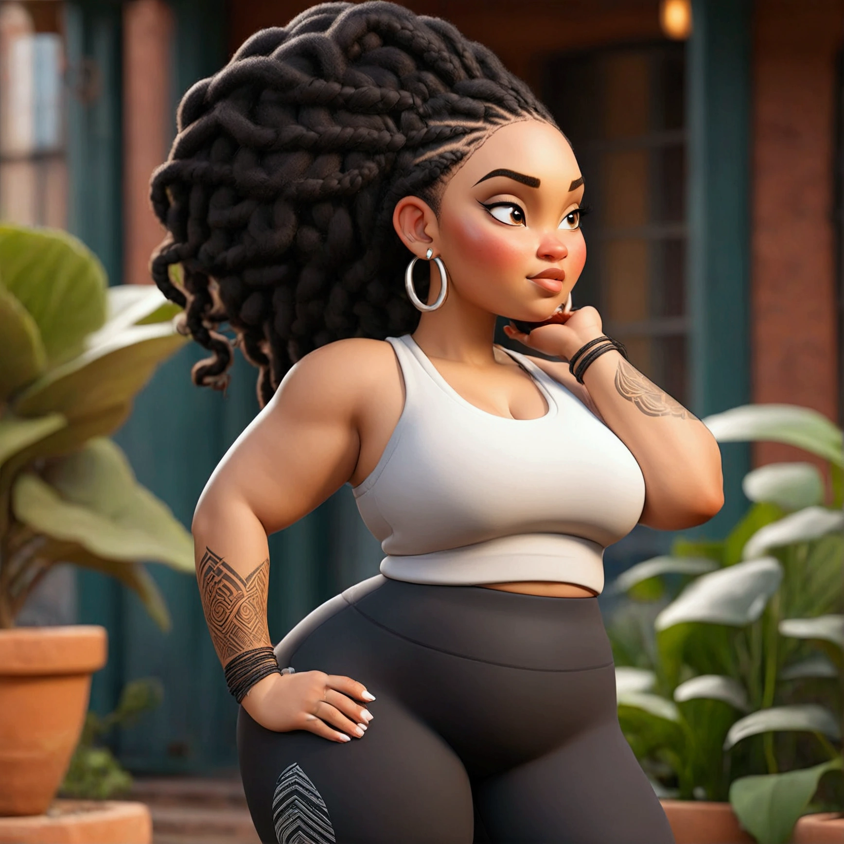 Plus size but skinny Light skin women with braids, wear yoga pants and tank top