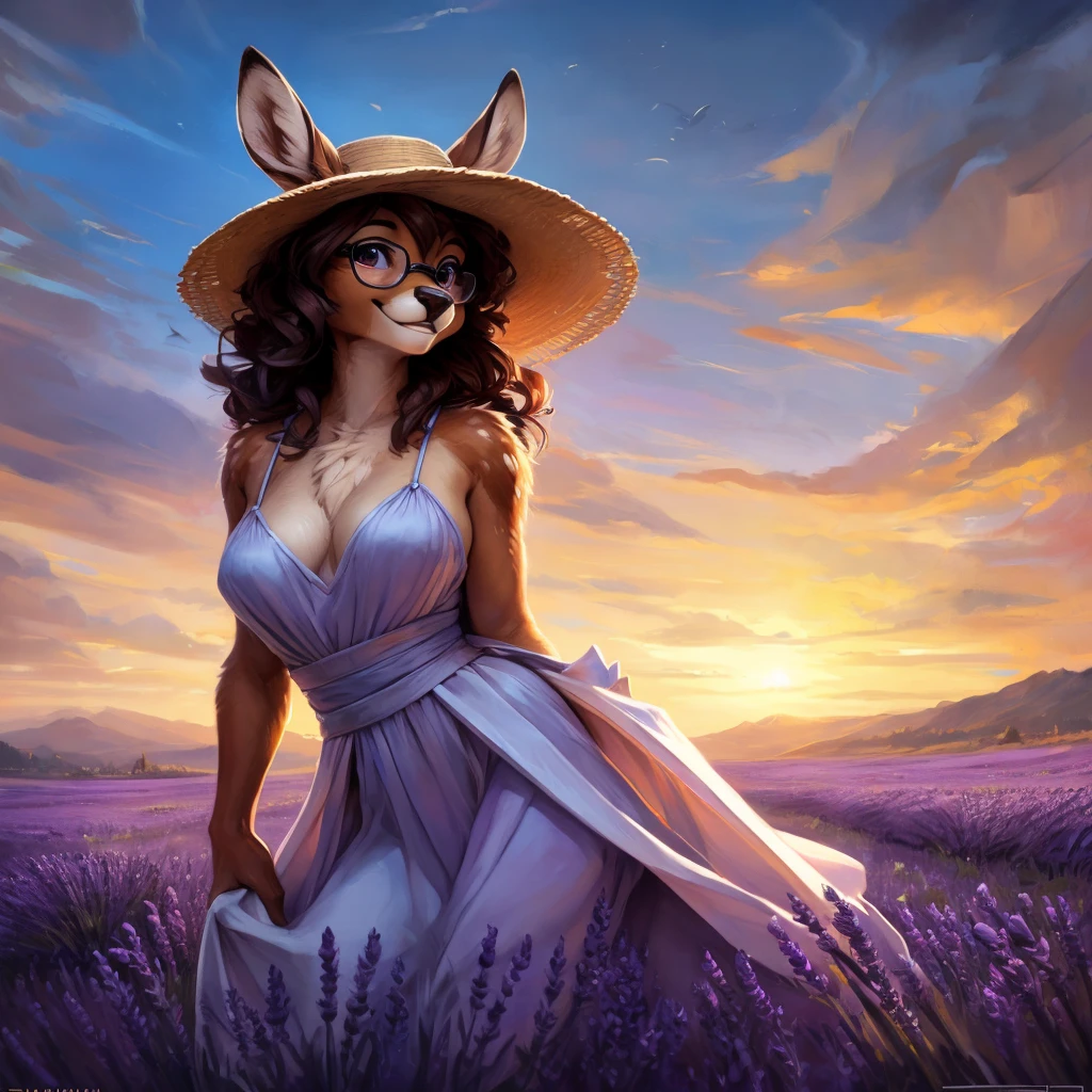 uploaded on e621, artstation, by Pixelsketcher, by Bayard Wu, by Thomas Benjamin Kennington , by Einshelm, by hioshiru and kenket, Chunie, portrait, solo anthro female deer doe, with small featureless breasts, clear dark blue, cinematic lighting, day, sunny day, lavender field, stays in a lavender field, lavender field background, mediterranean background, horizon background, shiny, short curly dark brown hair, wears big black nerd glasses, very very beautiful furry art, furry art, smiling, joyful, shiny, happy, feminine, cute face, muzzle, fluffy chest, flawless face, Fallow deer, 1girl, Sakimichan is beautiful, Masterpiece, Wavethesallow Face, shiny, Detailed image, portrait, Detailed image, portrait, full body, wearing pure white and wide spaghetti straps dress, wearing big and wide beige summer straw hat, shiny, realistic face, perfect anatomy, hourglass body, (furry body:1.1), anthropomorphic deer, looks at the viewer, small fluffy tail, detailed background, (cute anatomy:1.1), walks in a lavender field
