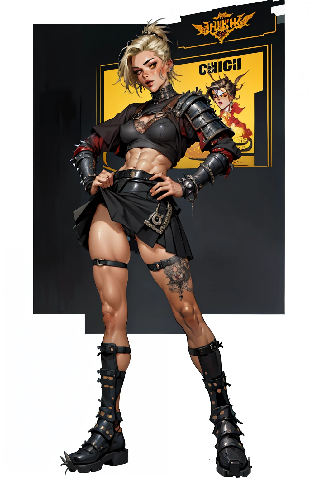 (high resolution, pixel perfect, gorgeous illustrations), (hyper quality, muste piece, etheric: 1.4), ((nsfw)), (cowboy shot), face focus, ((1girl)), (boyish, cheeky girl), (((teenage girl))), (hairy_woman), (((((punk))))), hot Rocker punk girl, ((((skirt lift, open stance)))), cool atmosphere, yellow eyes, white hair, ((((punk_hair, very_short_hair, slicked_back_hair)))), (((piercing))), eyelid_piercing, nose_piercing, (((Exquisite face, aroused))), ((black_lips)), tattoo, ((((muscular_female)))), (ideal ratio body proportions, slender, small breasts), fighter, (((slut))), (((wh_chi_armor))), ((((cameltoe)))), shiny skin, gleaming skin, simple background,