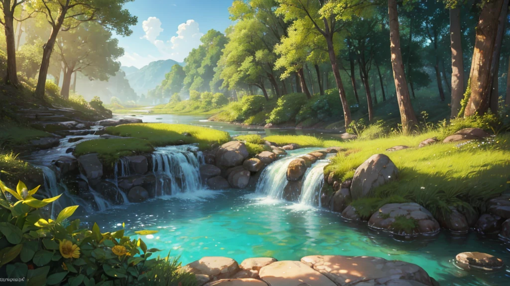 The image presents a whimsical and enchanting scene featuring a river of honey and milk. The river meanders gracefully through a lush, green landscape, creating a surreal and dreamlike atmosphere.
The honey river shimmers with a golden, amber hue, its surface sparkling as it reflects the sunlight. The texture of the honey is thick and viscous, flowing smoothly in gentle ripples. Occasionally, the honey pools into small, glistening eddies, enhancing the sense of depth and fluidity in the scene.
Adjacent to the honey, the milk river flows with a creamy, pearlescent white, contrasting beautifully with the rich gold of the honey. The milk is smooth and silky, with a subtle, soft sheen. The two rivers blend seamlessly at their edges, creating a mesmerizing gradient of colors where they meet.
The surrounding landscape is vibrant and verdant, with lush trees and flowering plants that seem to thrive in this fantastical environment. The banks of the rivers are dotted with wildflowers and grasses that add splashes of color and texture to the scene.
In the background, gentle rolling hills and a clear blue sky complete the idyllic setting. Sunlight filters through the foliage, casting a warm, golden glow over the entire scene and enhancing the rich, inviting colors of the honey and milk, The overall effect of the image is one of magical realism, blending natural beauty with fantastical elements to create a captivating and serene visual experience.