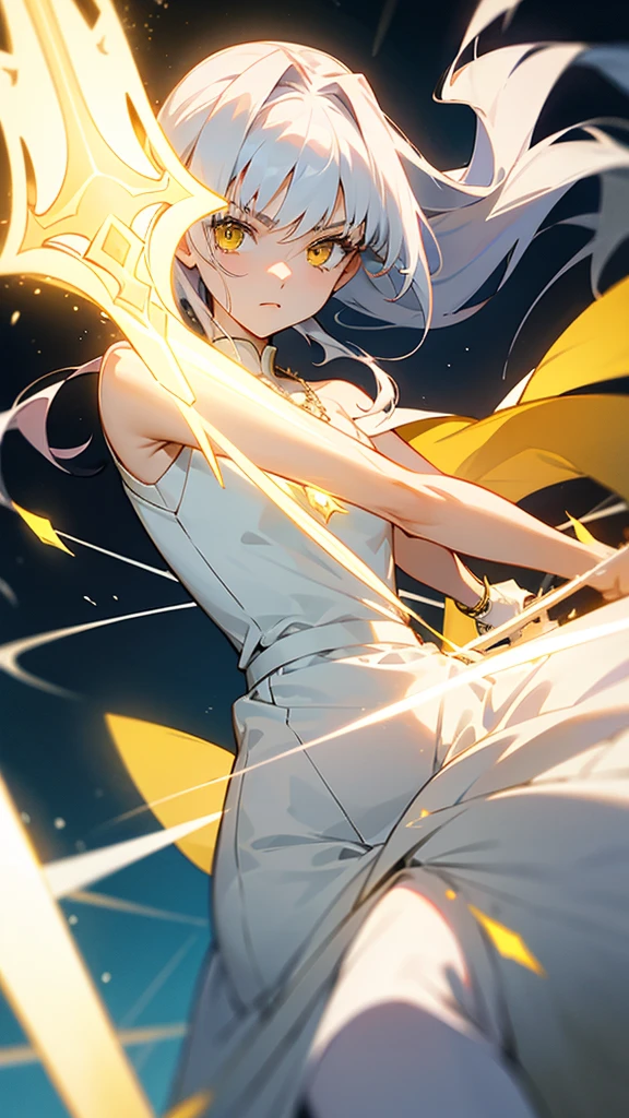 2D character. An 18-year-old female with white long hair and yellow eyes, wearing a plain white dress, holding a sword, emitting light power, and wearing a yellow diamond necklace. ufotable studio 