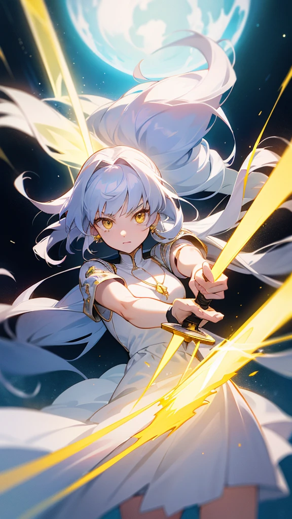 2D character. An 18-year-old female with white long hair and yellow eyes, wearing a plain white dress, holding a sword, emitting light power, and wearing a yellow diamond necklace. ufotable studio