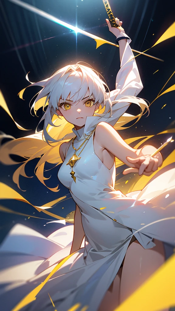 2D character. An 18-year-old female with white long hair and yellow eyes, wearing a plain white dress, holding a sword, emitting light power, and wearing a yellow diamond necklace. ufotable studio