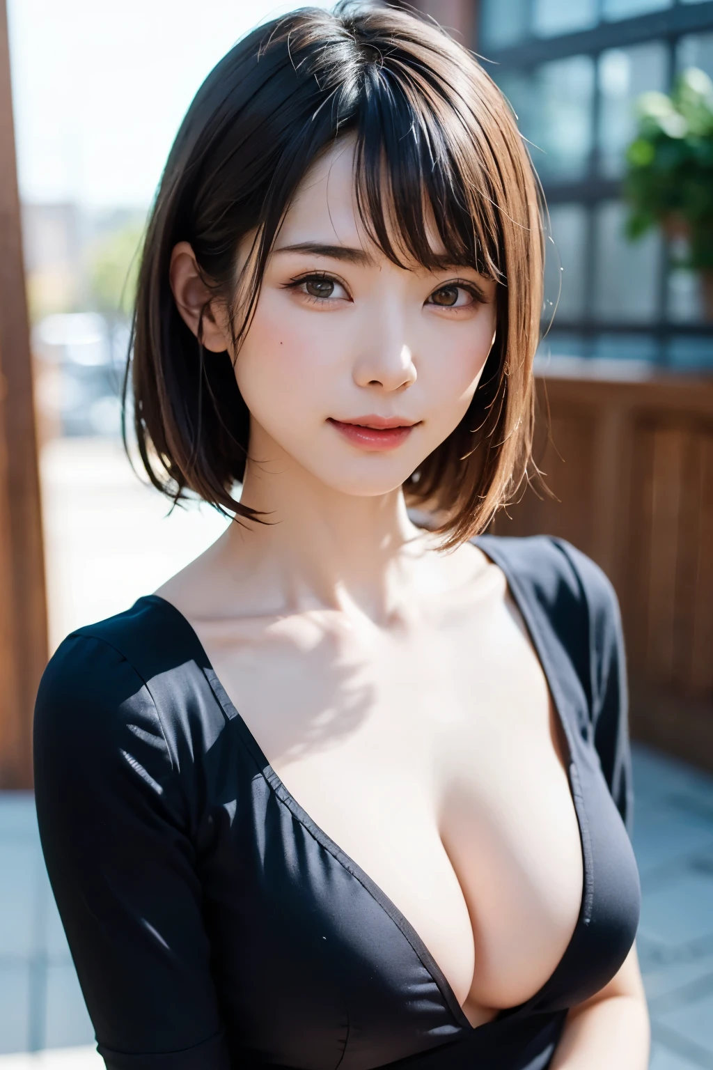 (masterpiece, Highest quality),One Girl, alone, hyper Realistic, Realistic,Realistic, Looking at the audience, Light brown eyes:1.4,Brunette Short Bob Hair with highly detailed shiny hair, Brightly colored winter clothes, Lepangas:1.4), Plein Air, Mouth closed, Upper Body、big chest eye、eyelash、{Hugeな|big chest|Hugeなな|Mega} chest:2, chestの谷間:2、{Huge|big|Hugeな|Mega} chest, chestの谷間、(((big chest eye、Short Bob Hair、Student Highlights、Gazing at the audience、She is very beautiful and cute、Listen carefully、Long neck、smile、Close your mouth and smile、bangsと美しい歯、bangs、Perfect Anatomy)))、Ideal body type、(Snowy tree-lined road in winter in Norway, Out of focus background)、美しいLong neck:1.4、
