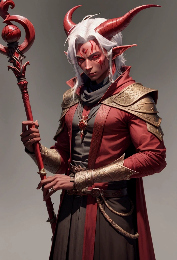 Tiefling with red skin color, masculine, wizard outfit, medium horns, kinda thin, holding a staff