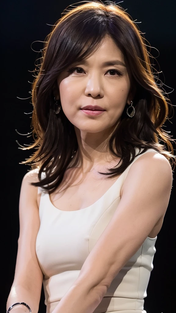 ((Highest quality)), ((8k)), ((masterpiece: 1.3)), (Perfect appearance), (Photorealism: 1.6), (JMA), (TI), (Genuine:1.4), 1 Mature Woman, Perfect Anatomy, close up portrait of face, 70 years old, Medium Long Hair, Small, (Pitch black background:1.2),
