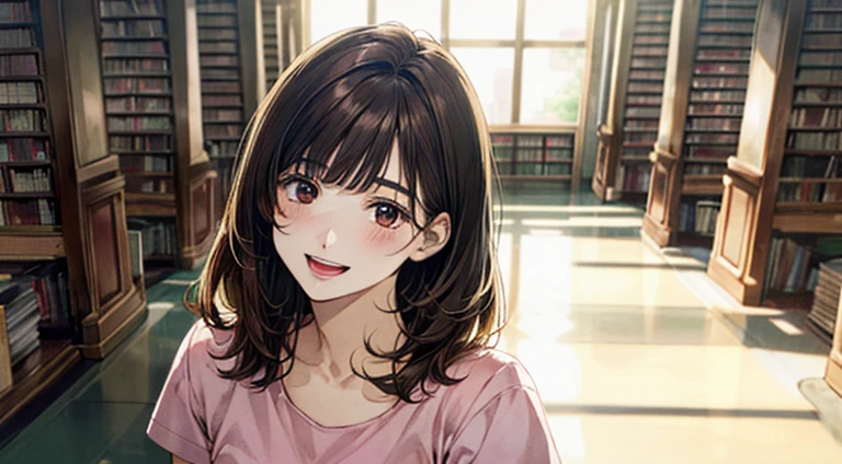 (masterpiece:1.2, Highest quality, Ultra-high resolution, Super detailed), (Realistic, photoRealistic:1.4), Beautiful illustrations, colorful, (Natural Side Lighting, Cinema Lighting),
View your viewers, 1 girl, Japanese, Junior high school girl, Perfect Face, (Perfect Anatomy), Cute and symmetrical face, Glowing Skin, ,
(short hair:1.5, Straight hair:1.2, Reddish brown hair), Blunt bangs, Iris, Small eyes, Droopy eyes, Slanted Eyes, Long eyelashes, (),
Beautiful Hair, Beautiful Face, Beautiful attention to detail, Beautiful clavicle, Beautiful body, Beautiful breasts, Beautiful thighs, Beautiful feet,
((Detailed cloth texture, Pink T-shirt, Denim skirt, ),
(Beautiful views), Depth of written boundary, evening, (library), Are standing, (Smile, Upward glance, Open your mouth),