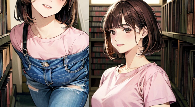 (masterpiece:1.2, Highest quality, Ultra-high resolution, Super detailed), (Realistic, photoRealistic:1.4), Beautiful illustrations, colorful, (Natural Side Lighting, Cinema Lighting), 
View your viewers, 1 girl, Japanese, Junior high school girl, Perfect Face, (Perfect Anatomy), Cute and symmetrical face, Glowing Skin, , 
(short hair:1.5, Straight hair:1.2, Reddish brown hair), Blunt bangs, Iris, Small eyes, Droopy eyes, Slanted Eyes, Long eyelashes, (), 
Beautiful Hair, Beautiful Face, Beautiful attention to detail, Beautiful clavicle, Beautiful body, Beautiful breasts, Beautiful thighs, Beautiful feet, 
((Detailed cloth texture, Pink T-shirt, Denim skirt, ), 
(Beautiful views), Depth of written boundary, evening, (library), Are standing, (Smile, Upward glance, Open your mouth),