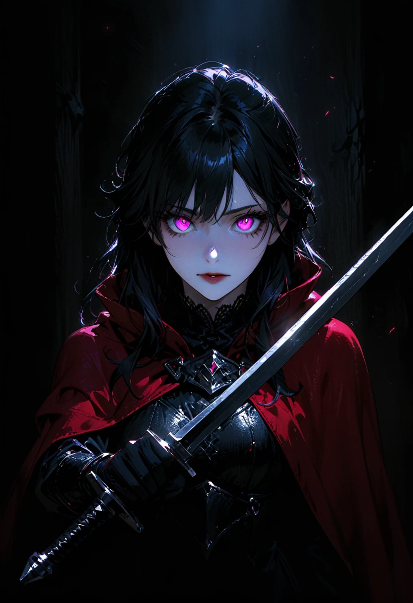 (full body portrait), 1girl, solo, holding weapon, sword, (long black hair), detailed face, mischief expression, pale white skin, pink eyes, (detailed eyes), long eyelashes, black eye liner, red lipstick, black tunic, red cloak, long dress, leather glove, (chest armor), moonlight, hard lighting, blue light, cold light, (medieval theme), (masterpiece), super detailed, best quality, POV, dw01-3400