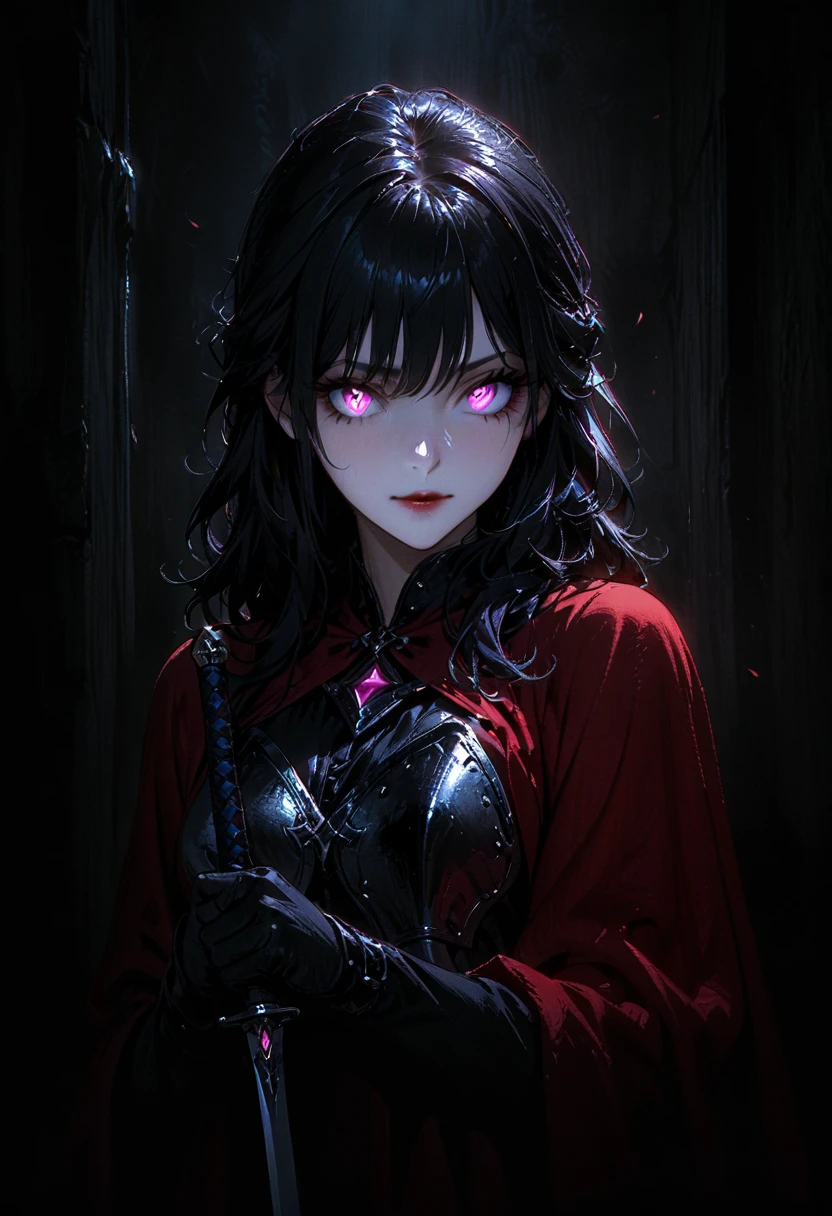 (full body portrait), 1girl, solo, holding weapon, sword, (long black hair), detailed face, mischief expression, pale white skin, pink eyes, (detailed eyes), long eyelashes, black eye liner, red lipstick, black tunic, red cloak, long dress, leather glove, (chest armor), moonlight, hard lighting, blue light, cold light, (medieval theme), (masterpiece), super detailed, best quality, POV, dw01-3400