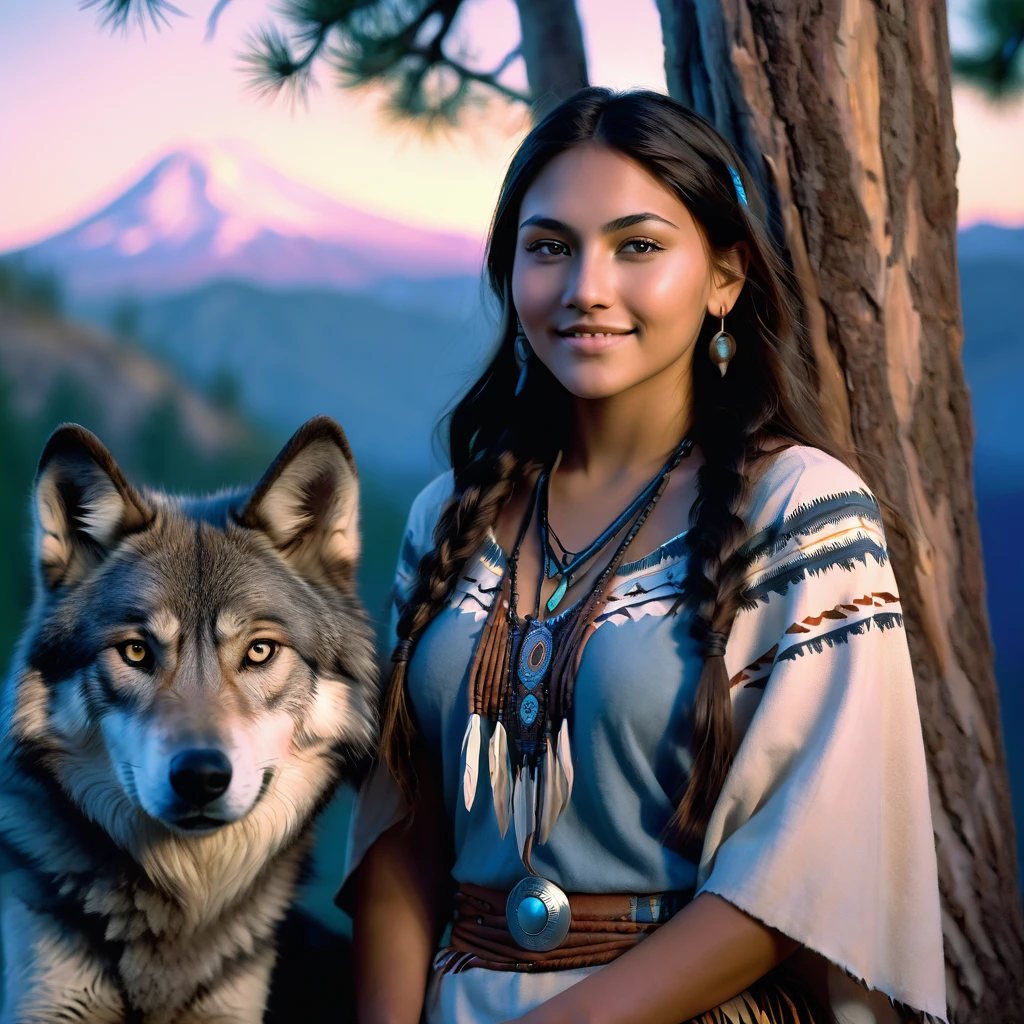 (grainy:0.5), cinematic, beautiful girl 25 year old,native american,fantasy,(solo:1.3), detailed eyes, detailed face, detailed native american sexy clothing , volumetric lighting, dusk, extremely detailed background, standing next to tree and mountain, smiling, half closed eyes, tilted head, from side, sitting next to her wolf