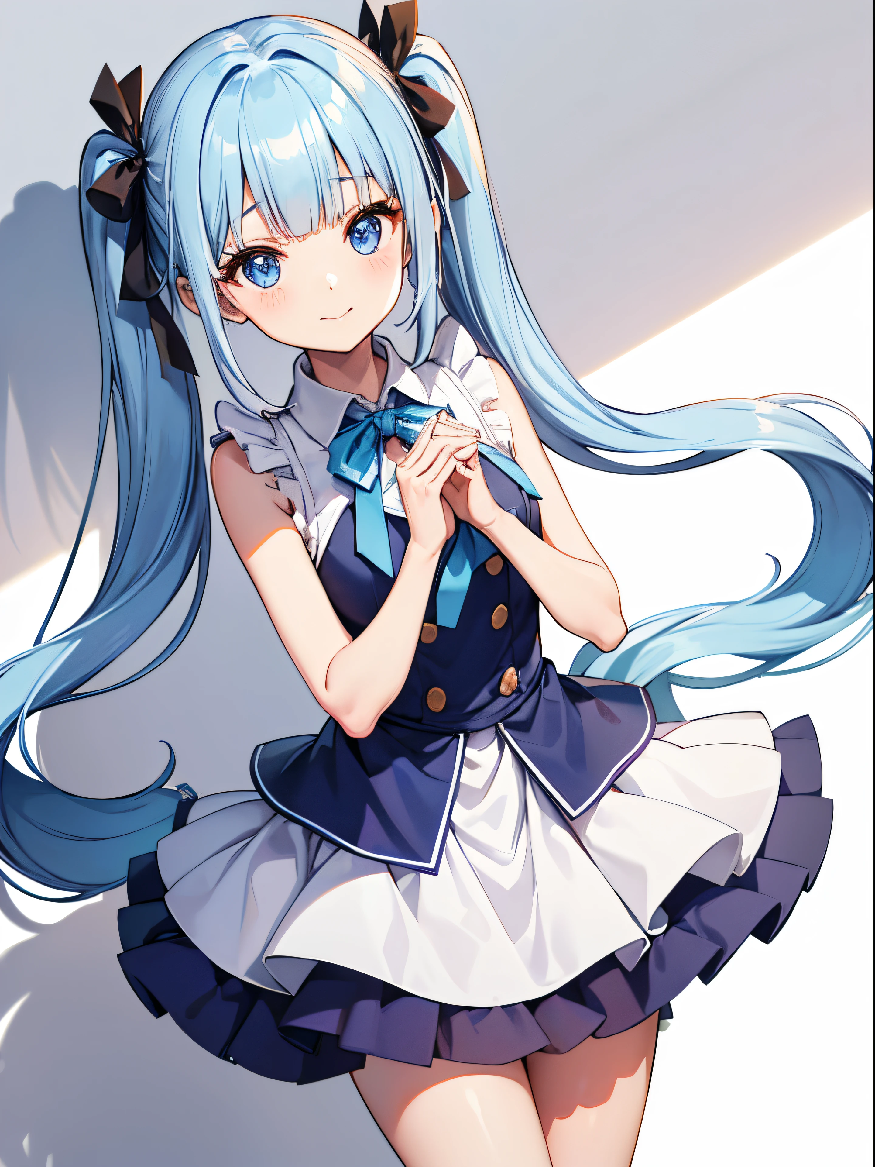 (Tabletop:1.3), (Highest quality:1.3), High resolution,
Cooboy Shot,
Leaning forward, Body facing forward,
(pretty girl:1.3), alone,
White skin, Small breasts, Eight-headed man,
Long light blue hair、Her hairstyle is twin tails., (Blunt bangs:1.2), Beautiful Hair, blue eyes, Beautiful attention to detail,
Heart symbol, Bright smile,
Short dress, Blue Check Skirt, miniskirt flower garden, (White Background:1.2),
Shadow lighting,