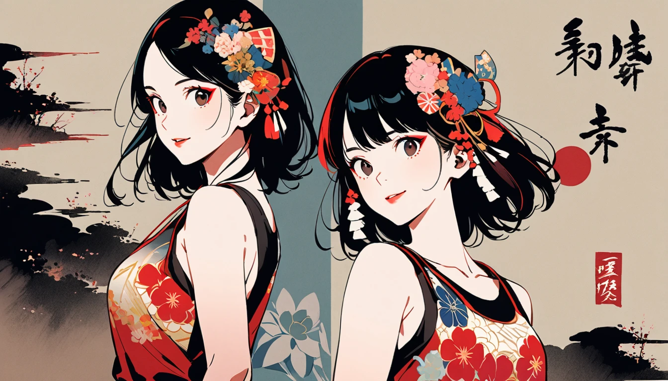 (((Ink Painting))), Fashion portrait color photos, (((twins))), (((Japanese pattern tank top))), (((Very flashy hair accessories))), (((Very flashy makeup))), Japanese style headphones, smile, front view, Japan人の美少女, Black Hair, Delicate and precise, Modern ukiyo-e style,Japan, Japanese flag