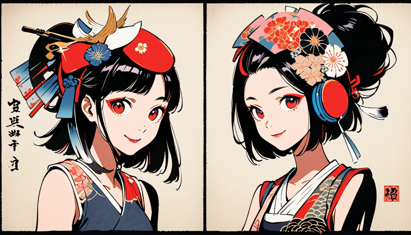 (((Ink Painting))), Fashion portrait color photos, (((twins))), (((Japanese pattern tank top))), (((Very flashy hair accessories))), (((Very flashy makeup))), Japanese style headphones, smile, front view, Japan人の美少女, Black Hair, Delicate and precise, Modern ukiyo-e style,Japan, Japanese flag