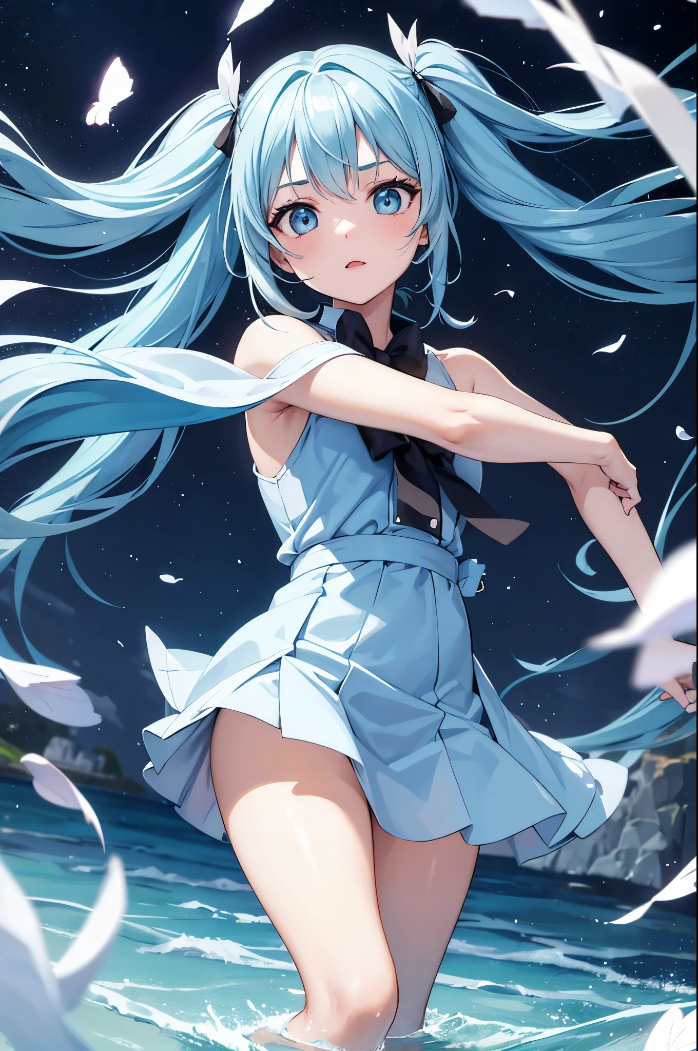 A girl with long light blue hair and twin tails comes out of a deep well.