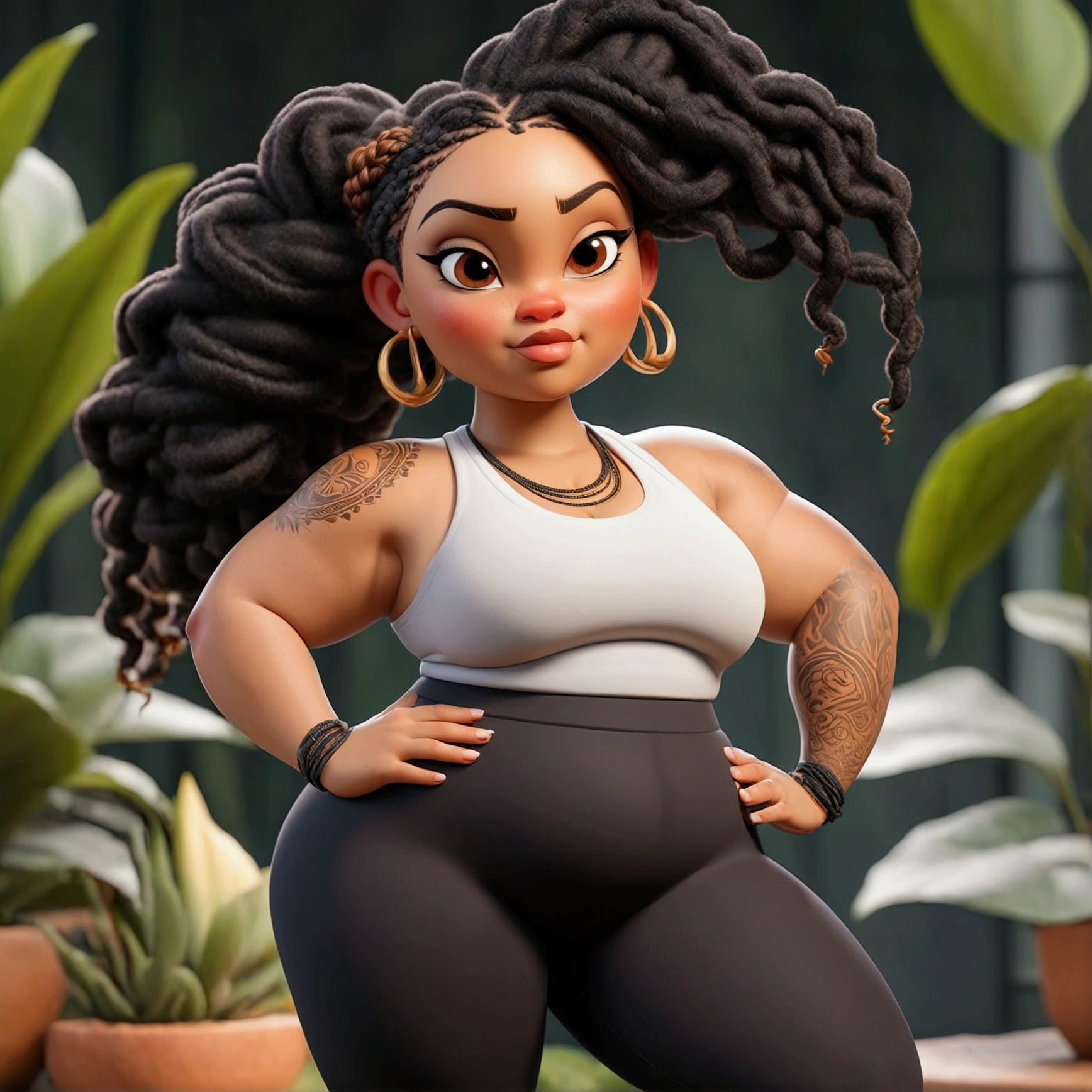 Plus size but skinny Light skin women with braids, wear yoga pants and tank top
