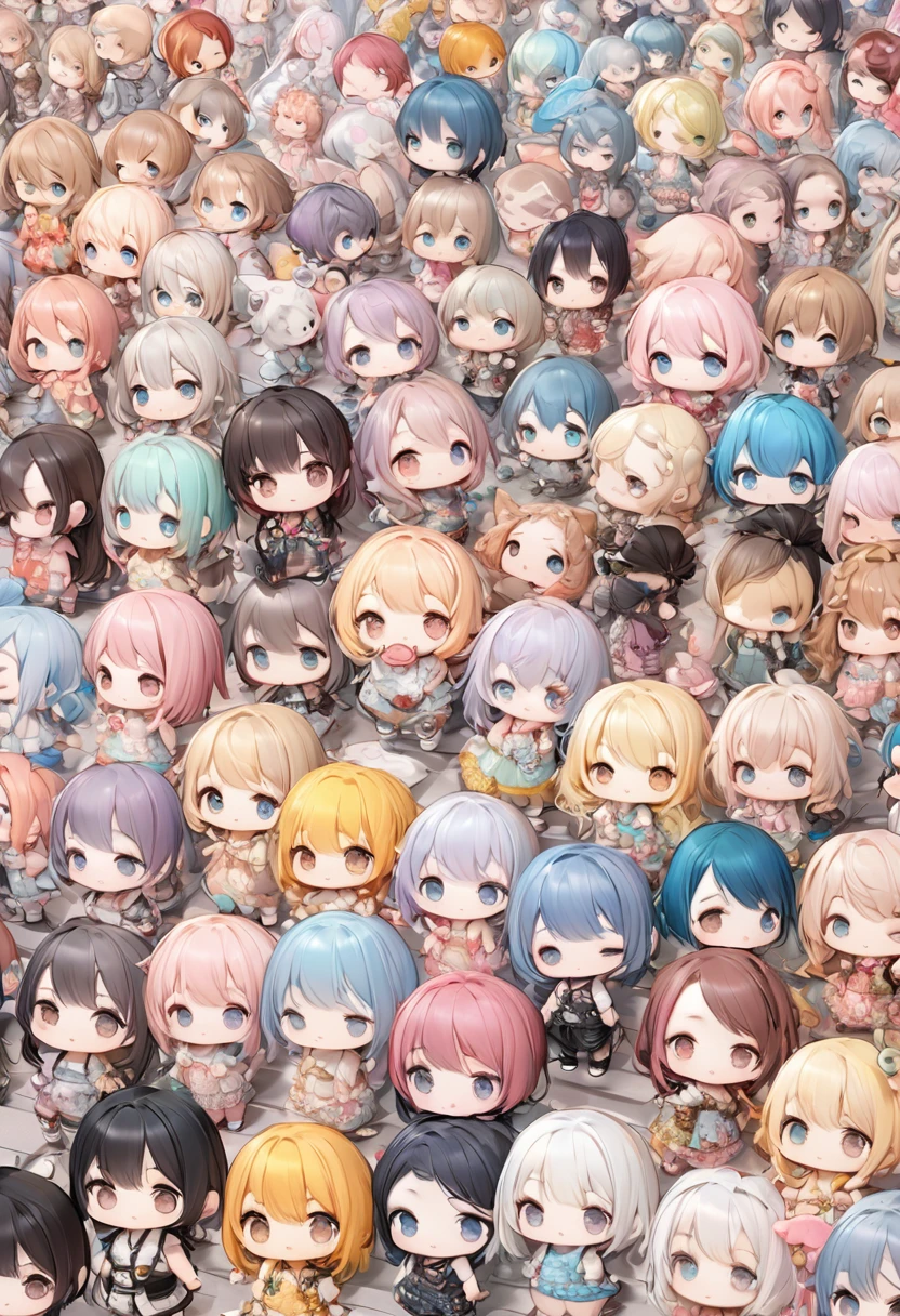 conceptual installation art, there are so many cute chibi characters lined up, background pastel color, (ultra detailed, absolutely resolution, best quality:1.3), 2.5D, delicate and dynamic, artistic photography, hyper realistic, graphic CG digital art
