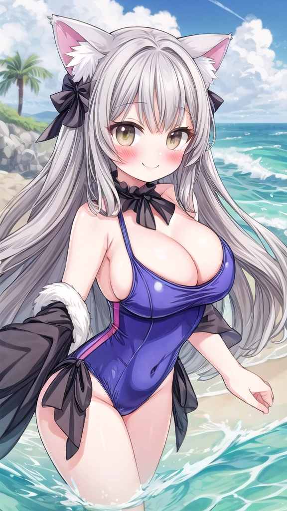 Large Breasts, Cat ear, Gray Hair, One piece swimsuit,High resolution,Anime Style, smile,Blushing,wave hands